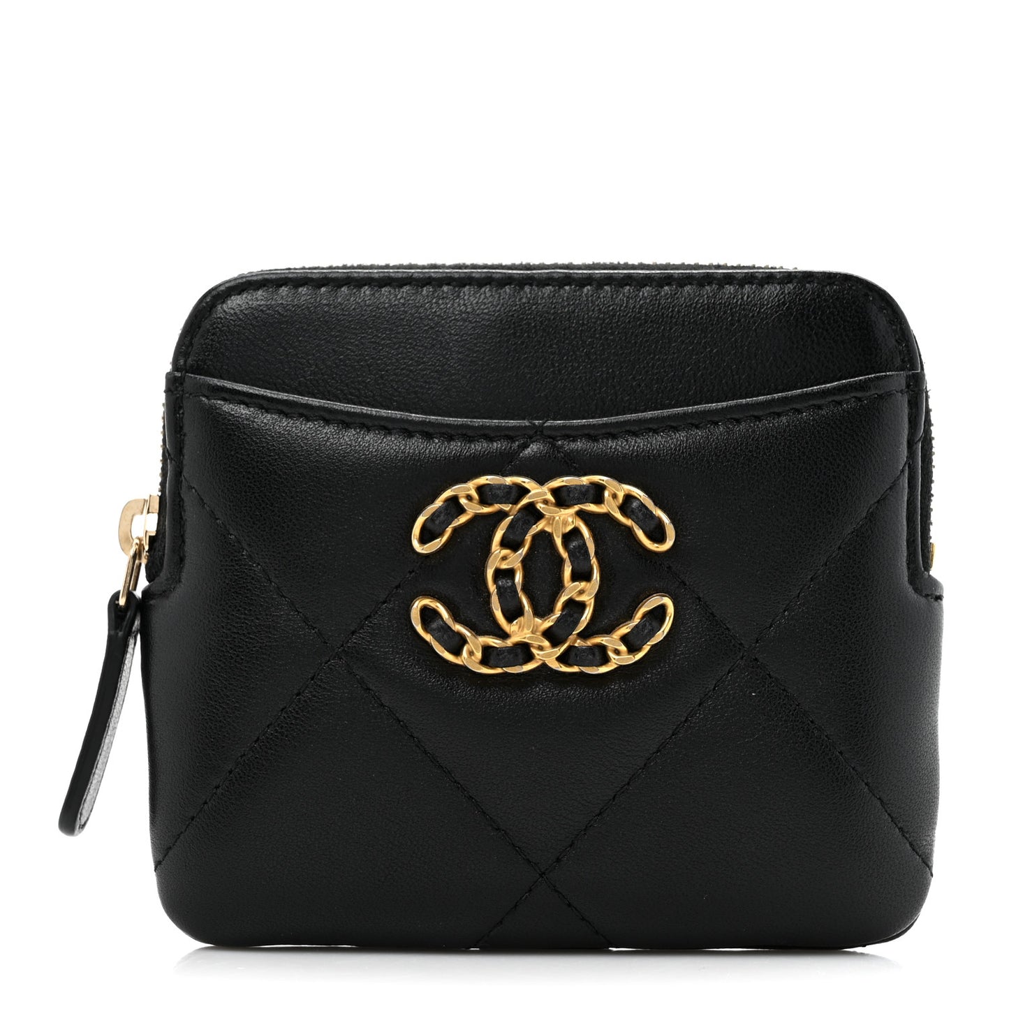 Lambskin Quilted Chanel 19 Zip Card Holder Wallet Black
