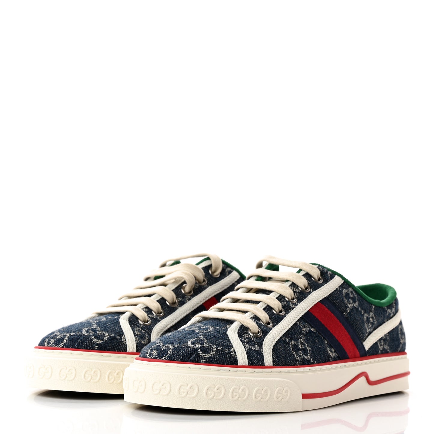 New Denim GG Monogram Web Womens 1977 Tennis Sneakers 38.5 Blue Tea Mystic White