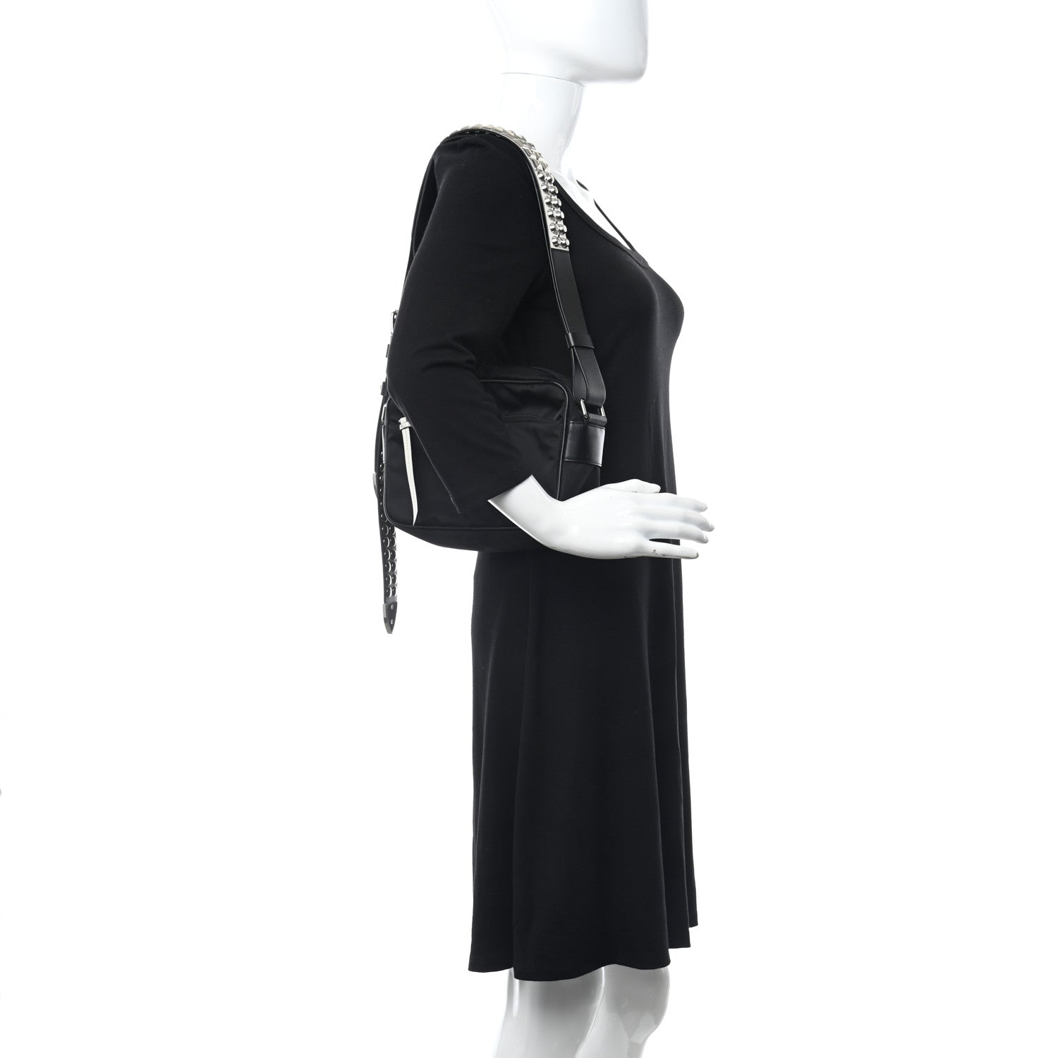 Prada Tessuto Nylon Studded New Vela Shoulder Bag Black Bianco 2 of 9