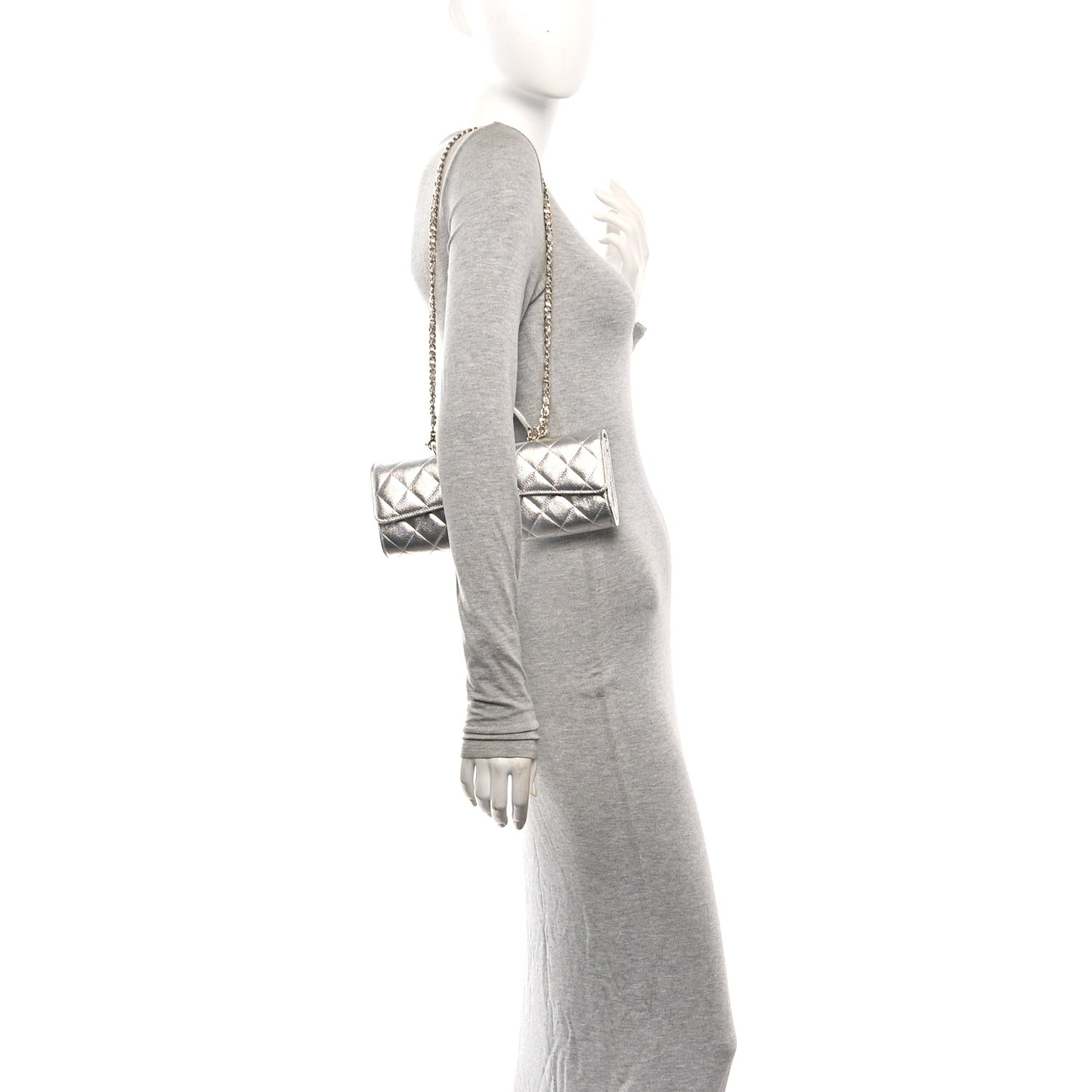 Metallic Caviar Quilted Top Handle Long Clutch With Chain Silver