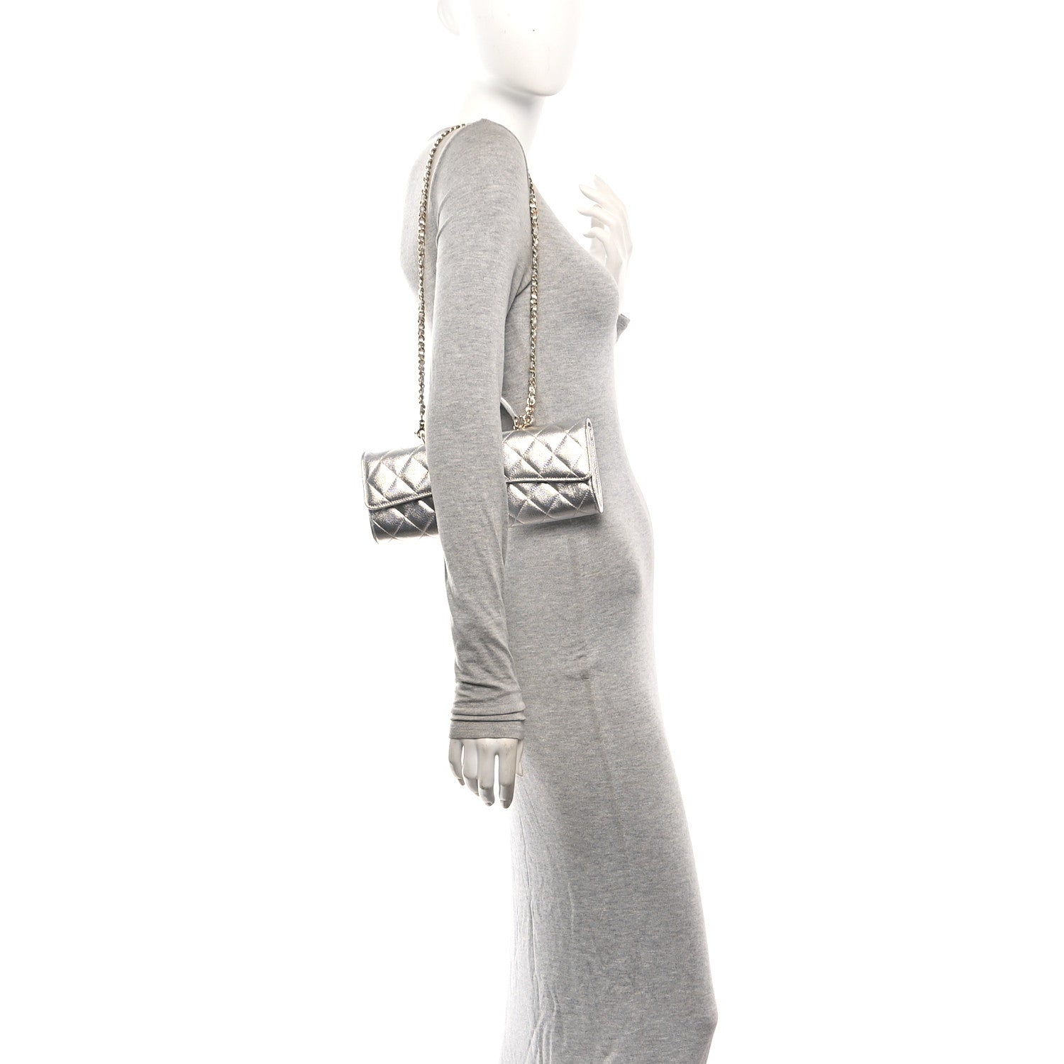 Chanel Metallic Caviar Quilted Top Handle Long Clutch With Chain Silver 2 of 13