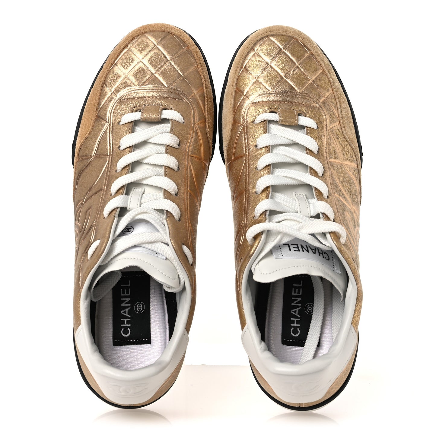 Laminated Calfskin Suede Quilted Womens CC Sneakers 39 Gold