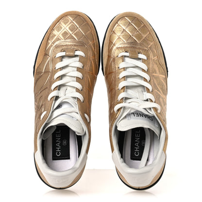 Chanel Laminated Calfskin Suede Quilted Womens CC Sneakers 39 Gold 2 of 11