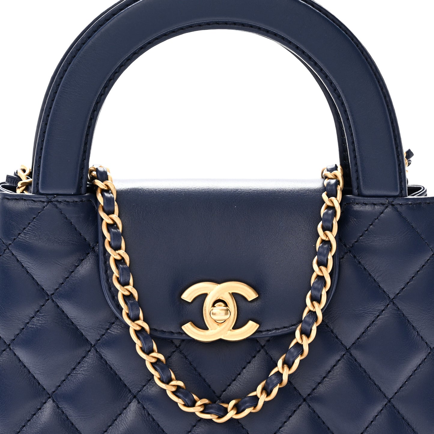 Shiny Aged Calfskin Quilted Nano Kelly Shopper Dark Blue