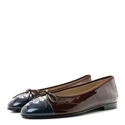 Chanel Patent Calfskin CC Cap Toe Ballerina Flats 38 Brown Blue 4 of 9