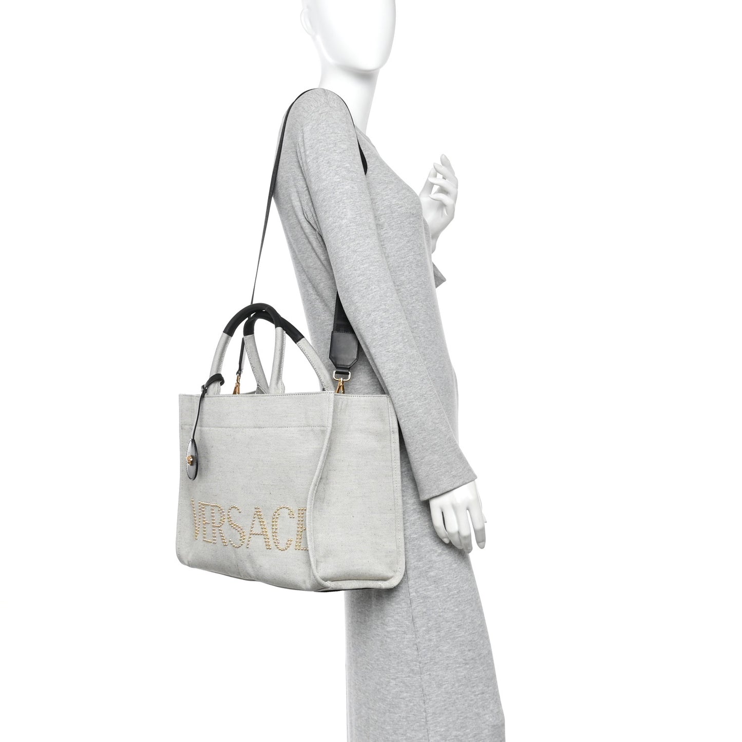 Canvas Calfskin Studded Large Logo Tote Bag Ecru Black