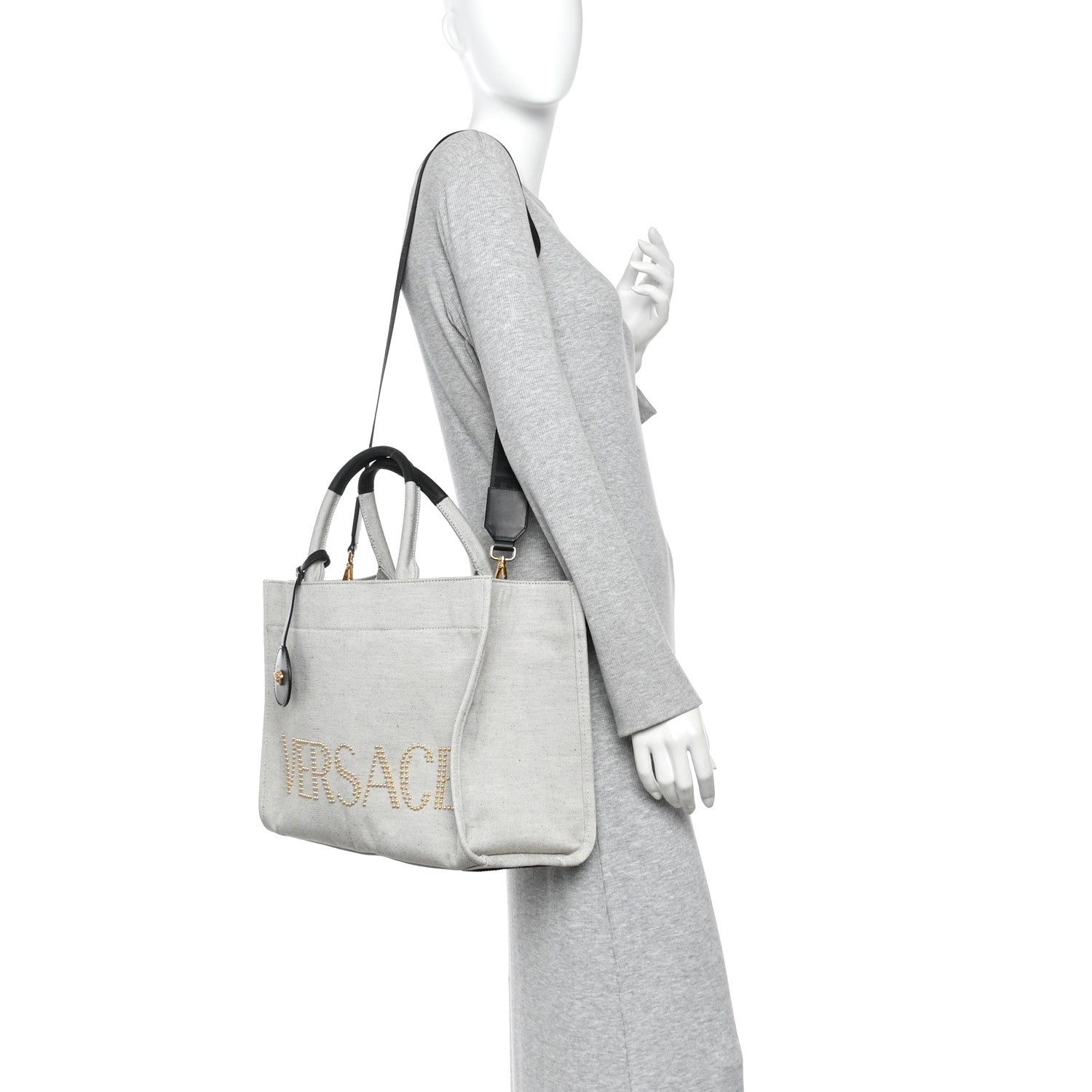 Versace Canvas Calfskin Studded Large Logo Tote Bag Ecru Black 2 of 10