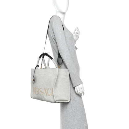 Versace Canvas Calfskin Studded Large Logo Tote Bag Ecru Black 2 of 10