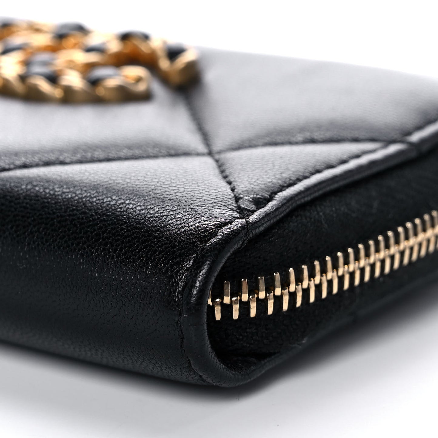 Lambskin Quilted Chanel 19 Zip Around Coin Purse Wallet Black