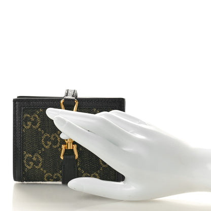 Gucci Jacquard Black Denim GG Monogram Textured Dollar Calfskin Jackie 1961 Card Case Black Ivory 2 of 9