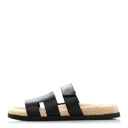 Hermes Veau Indios Woolskin Mens Chypre Sandals 46 Black Ecru 1 of 8