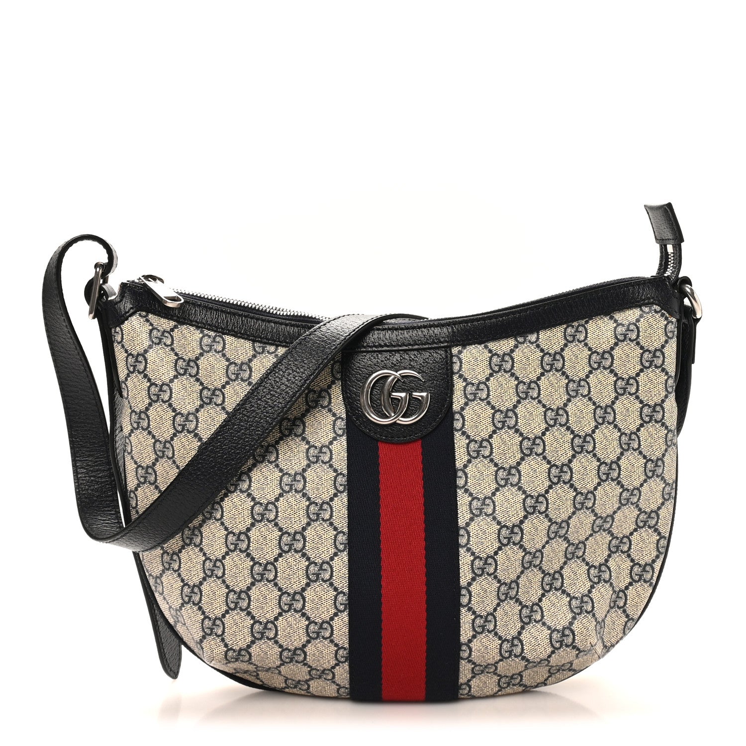 Gucci GG Supreme Monogram Textured Dollar Calfskin Web Small Ophidia Half Moon Hobo Beige Blue 1 of 10
