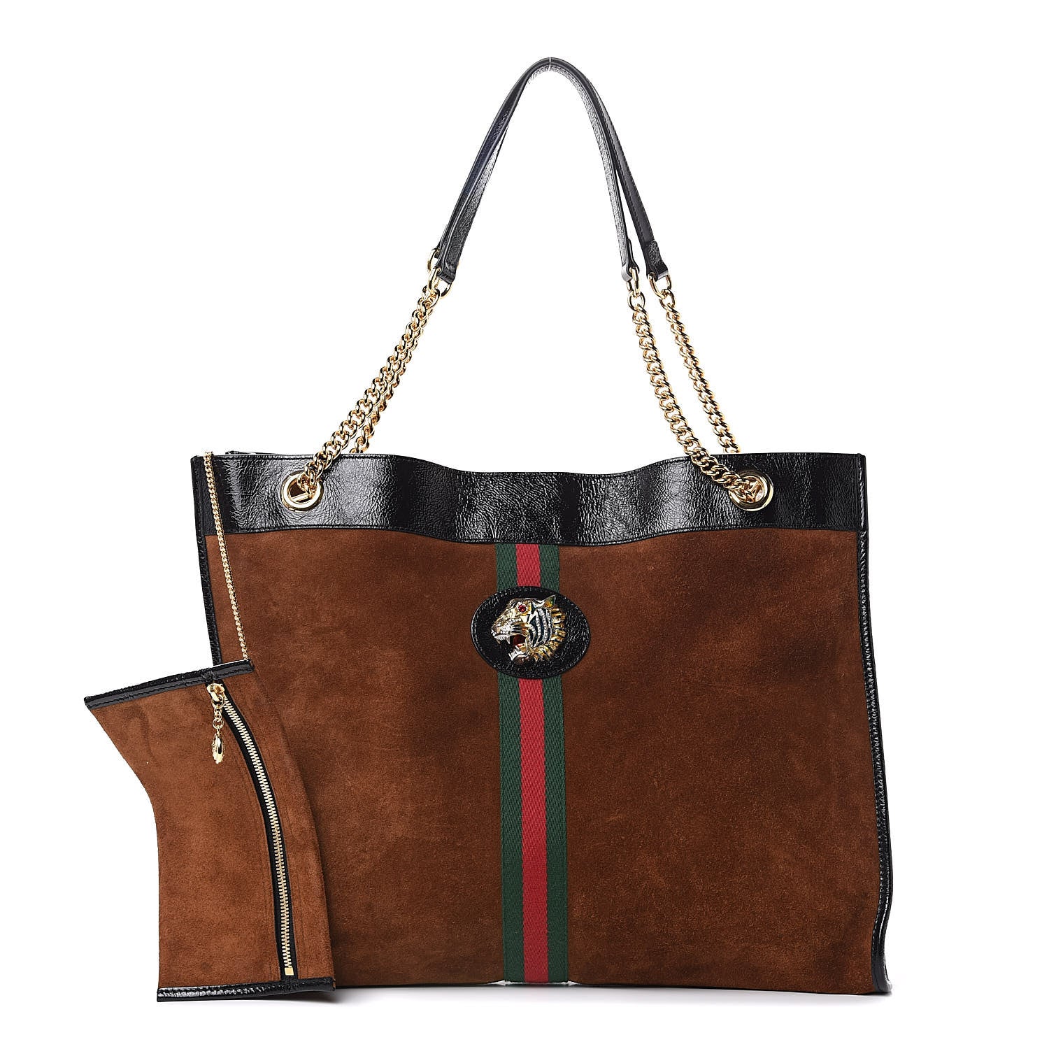 Gucci Suede Patent Large Rajah Chain Tote Nocciola Black 1 of 11