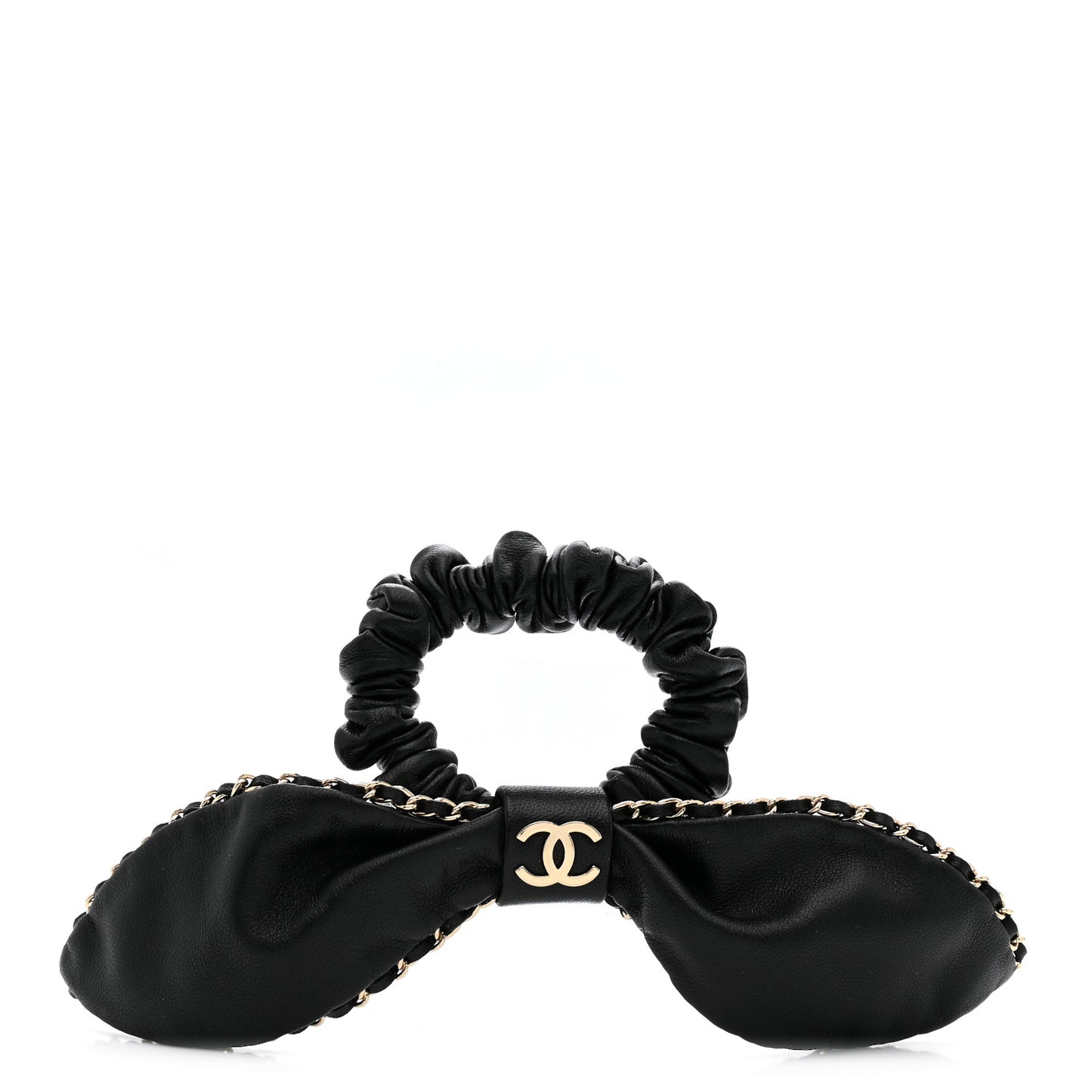 Lambskin Chain CC Bow Hair Scrunchie Black