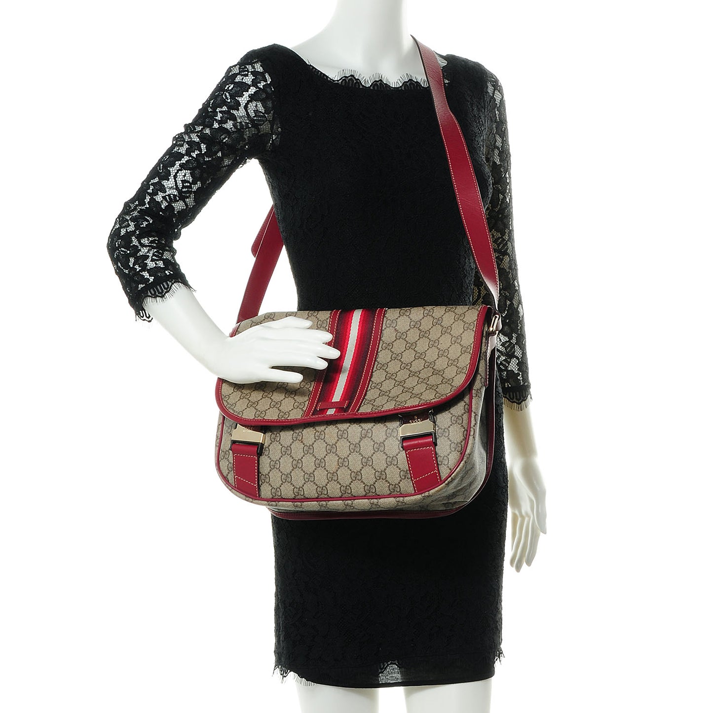 GG Plus Monogram Medium Double Buckle Flap Messenger Bag Beige Red