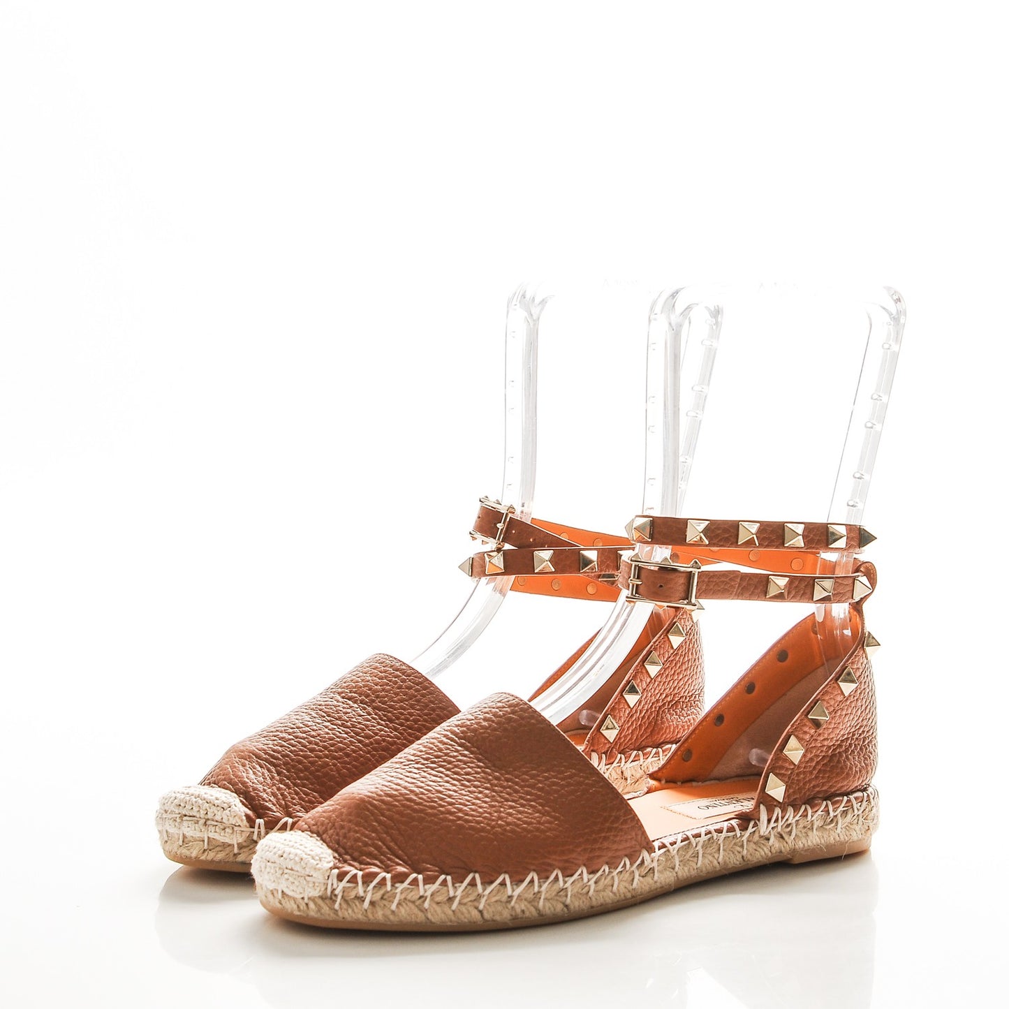 Grained Calfskin Rockstud Ankle Wrap Espadrille Flats 35 Cognac