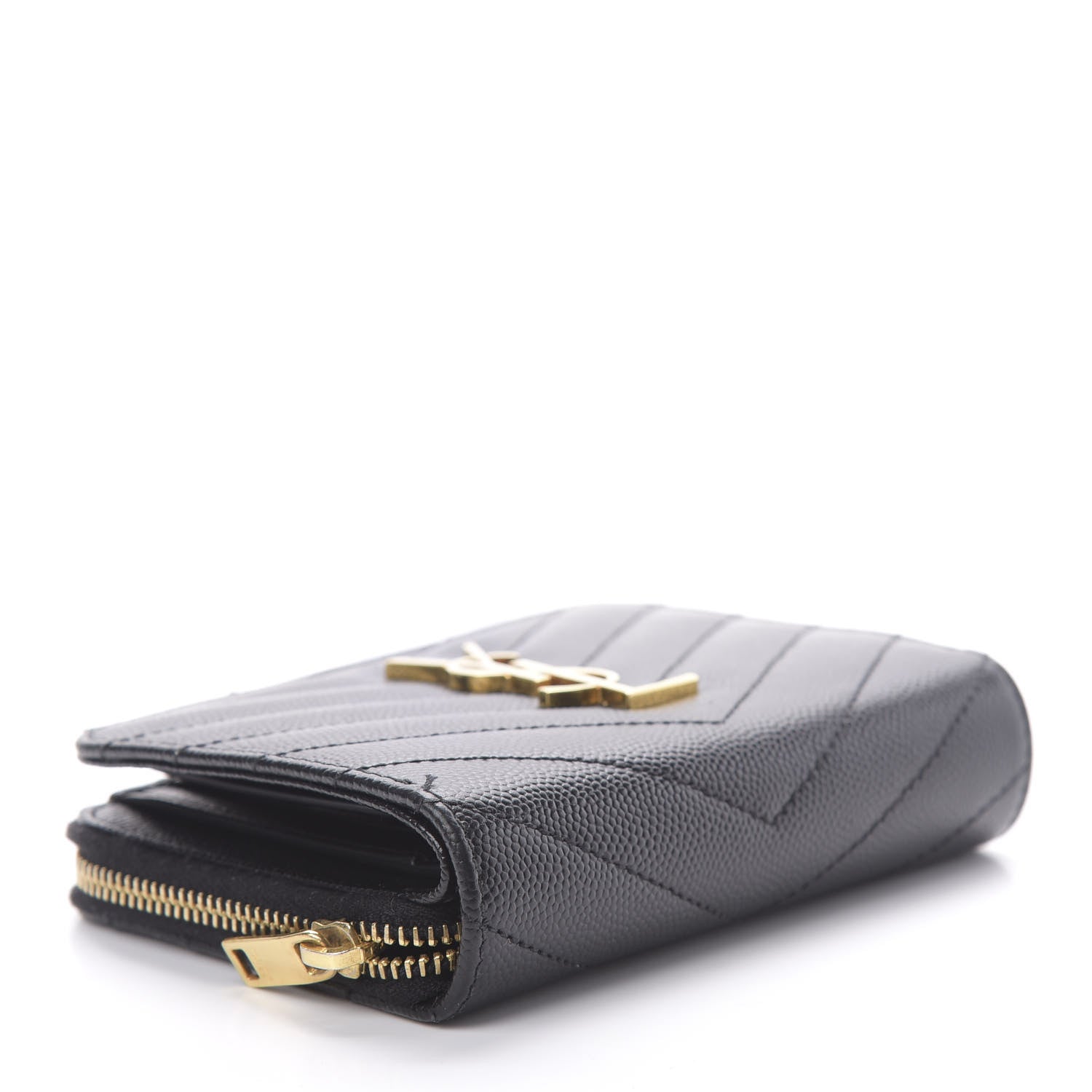 Saint Laurent Grain De Poudre Matelasse Chevron Monogram Compact Zip Around Wallet Black 5 of 8