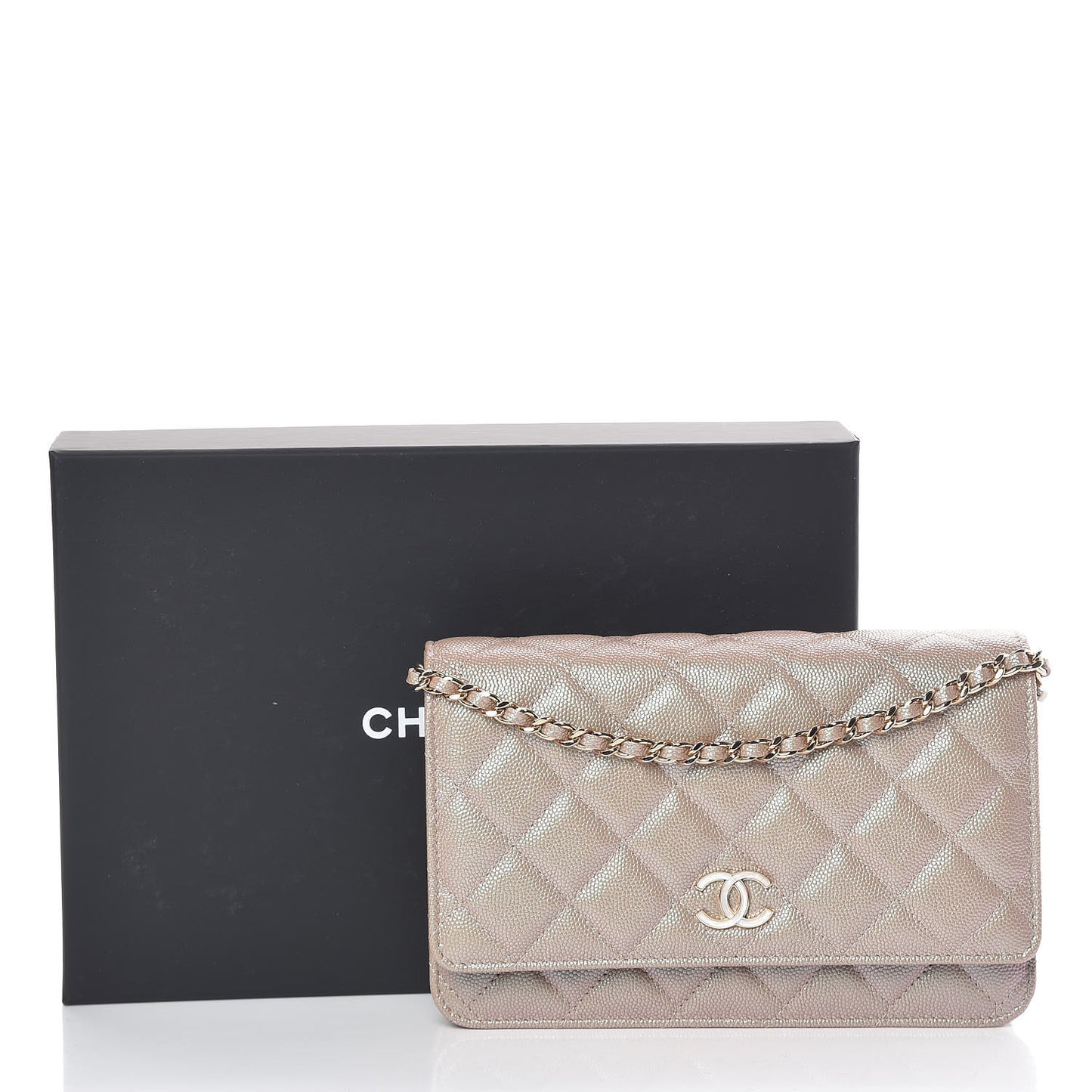 Iridescent Caviar Quilted Wallet On Chain WOC Beige