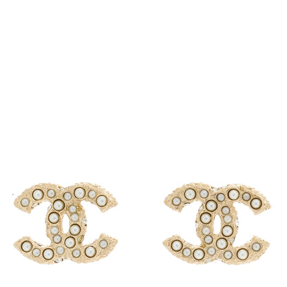 Chanel Metal Graduated Pearl Crystal CC Earrings Light Gold 1 of 5