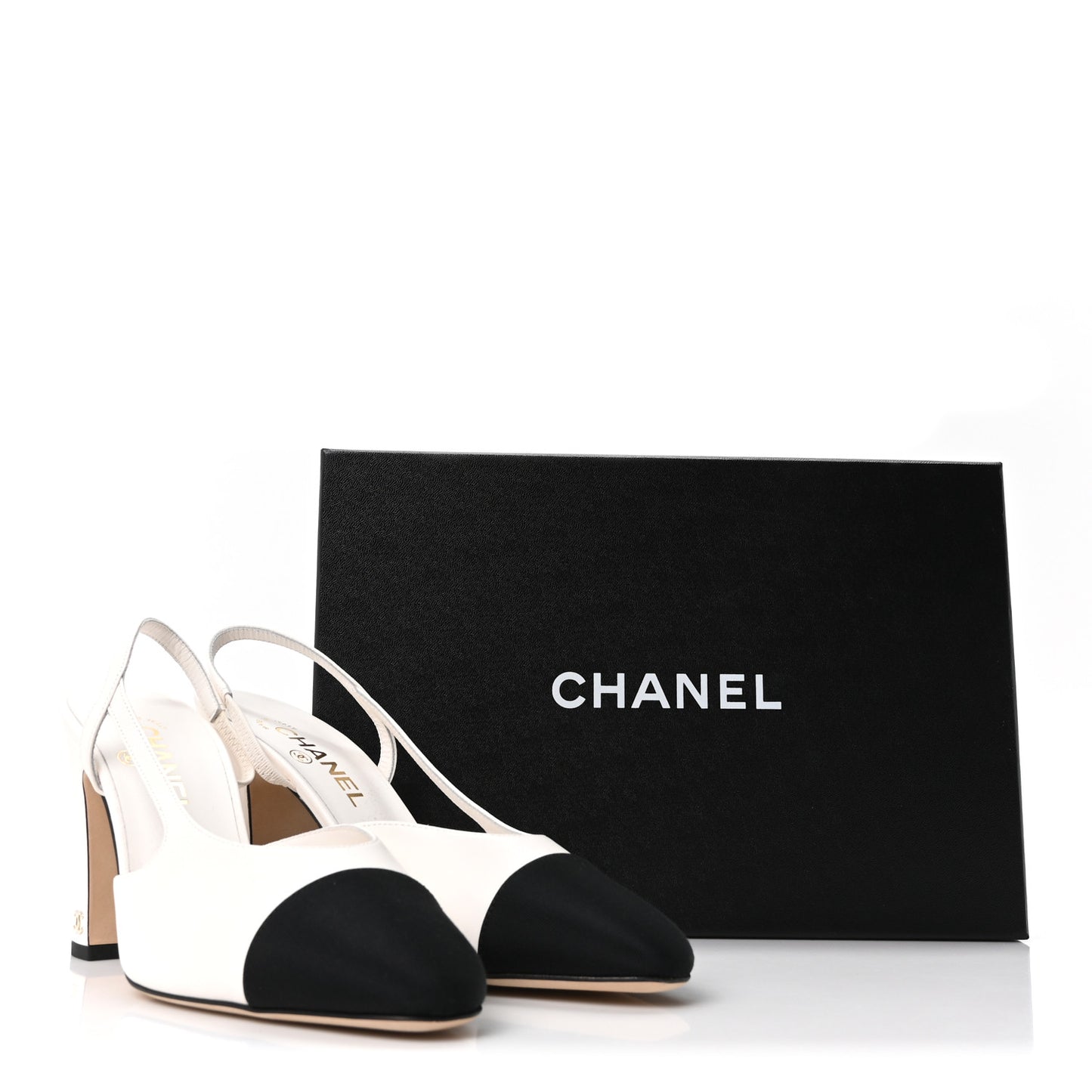 Lambskin Grosgrain Cap Toe CC Slingback Pumps 40 White Black