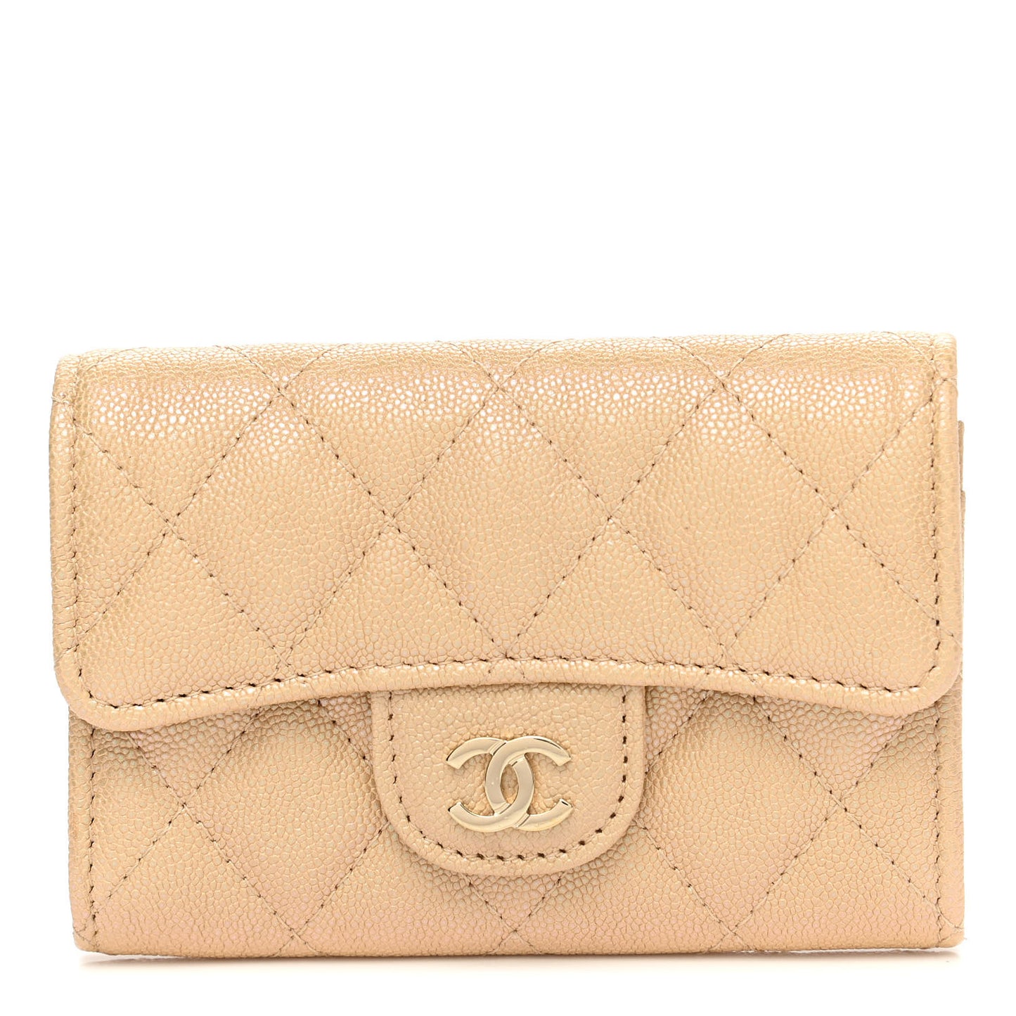 Iridescent Caviar Quilted Flap Card Holder Wallet Beige
