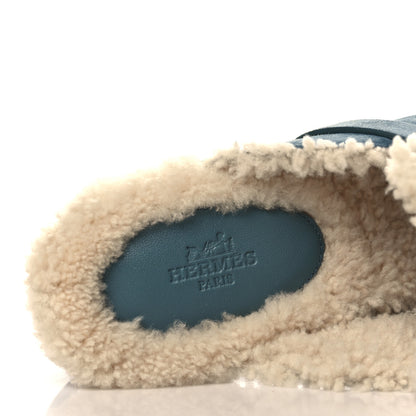 Hermes Suede Goatskin Woolskin Carlotta Mules 37 Bleu Pinede 7 of 8