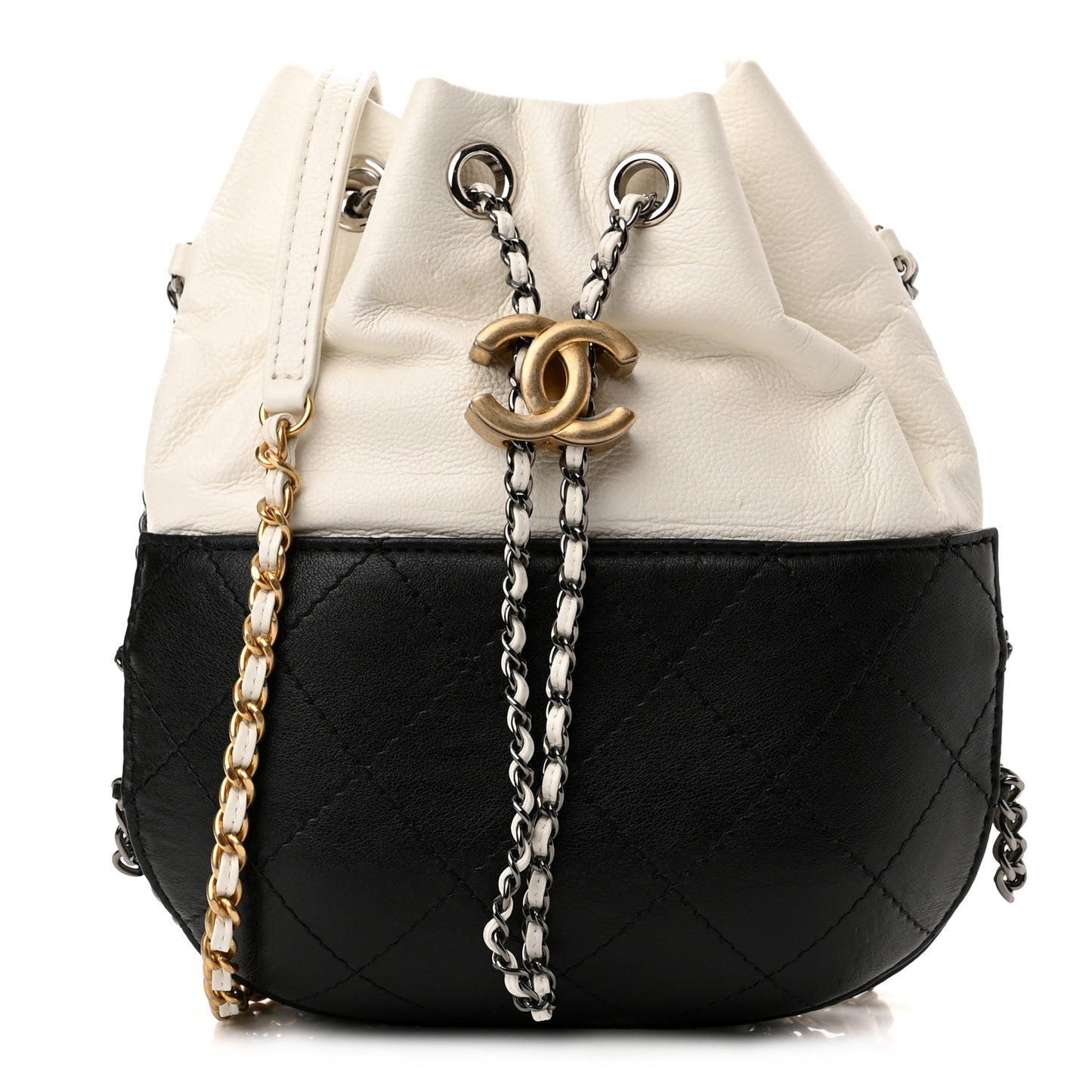Aged Calfskin Quilted Small Gabrielle Bucket White Black