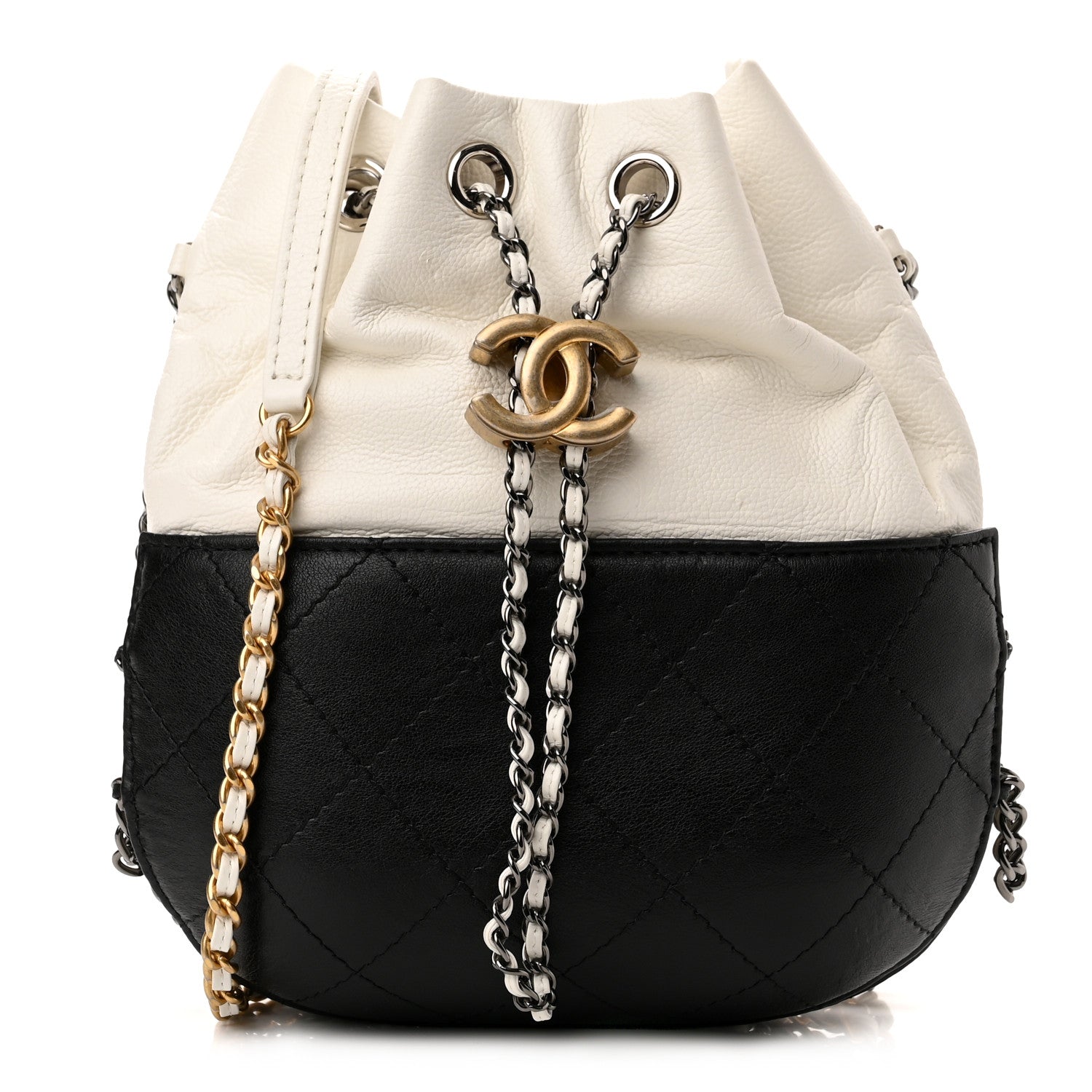 Chanel Aged Calfskin Quilted Small Gabrielle Bucket White Black 1 of 11