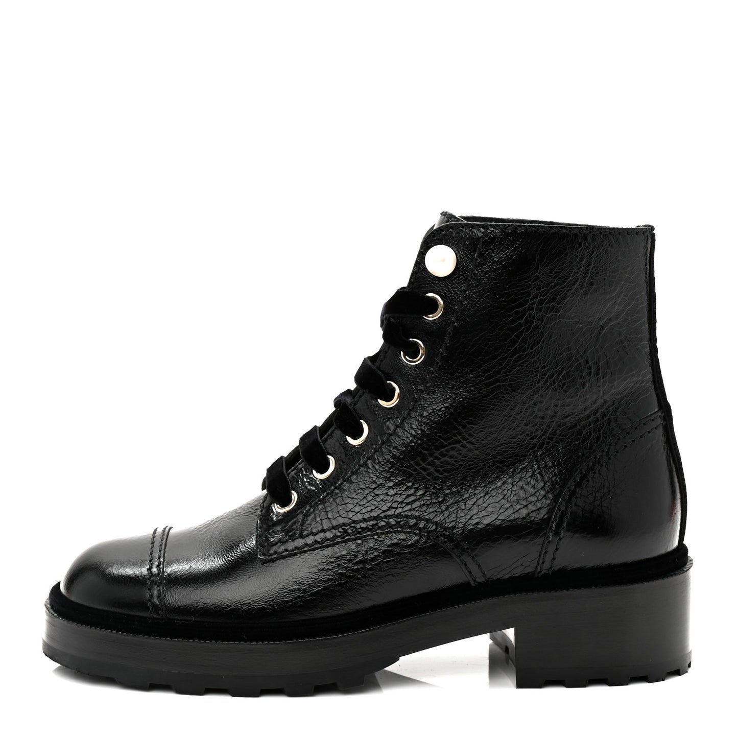 Shiny Calfskin Velvet Pearl Combat Short Boots 37 Black
