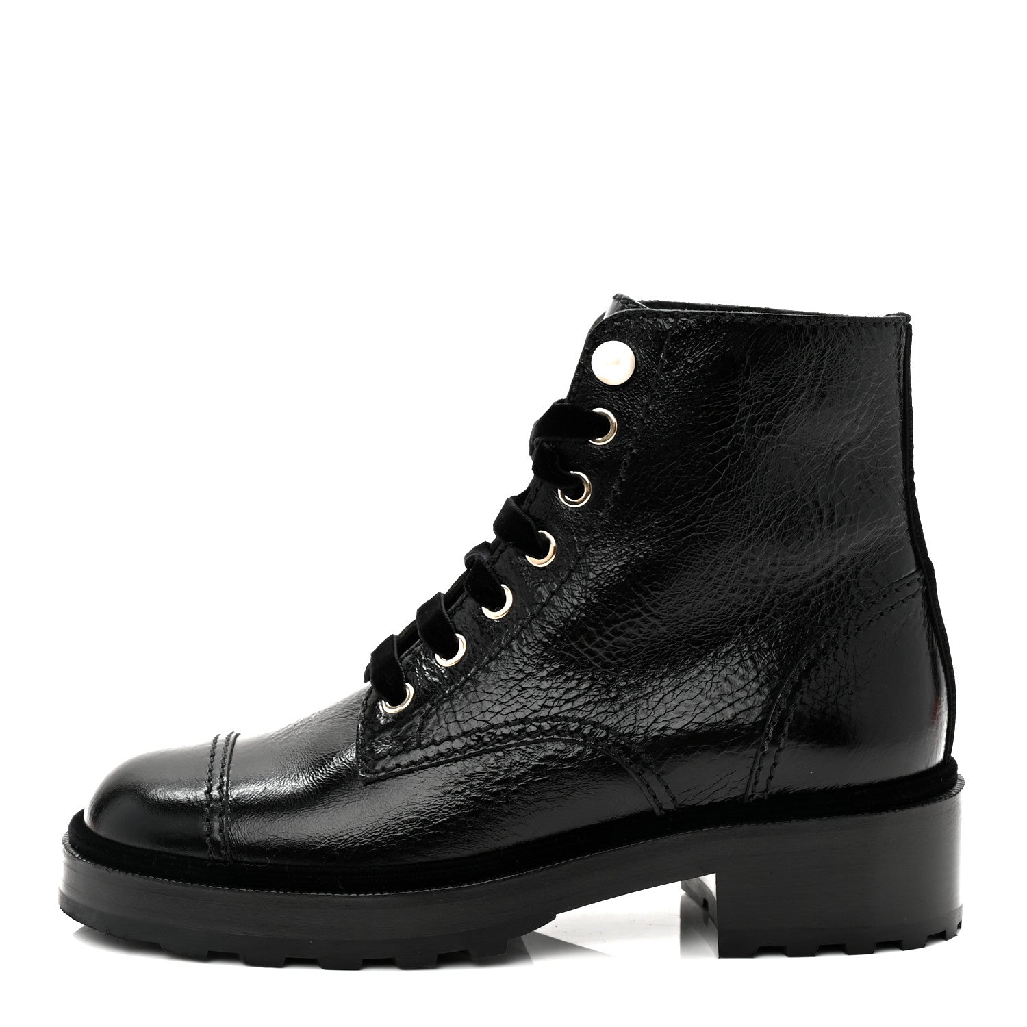Chanel Shiny Calfskin Velvet Pearl Combat Short Boots 37 Black 1 of 8