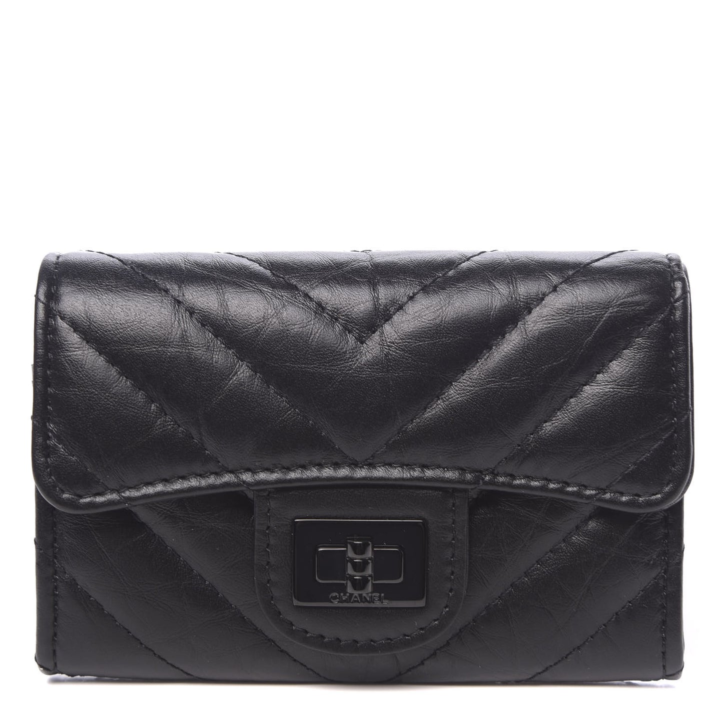 Aged Calfskin Chevron Quilted Reissue Card Holder Wallet So Black