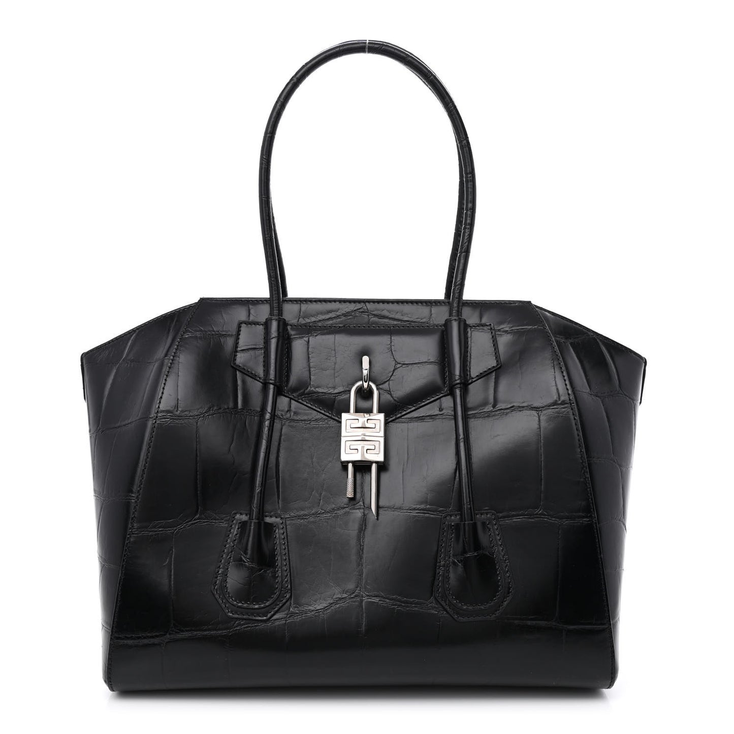Calfskin Crocodile Embossed Medium Lock Antigona Black