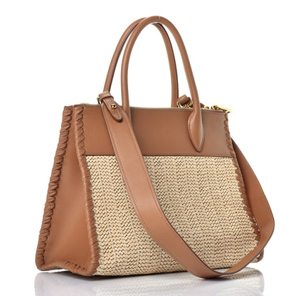 Prada Raffia City Calfskin Whipstitch Medium Paradigme Bag Naturale Caramel 4 of 9