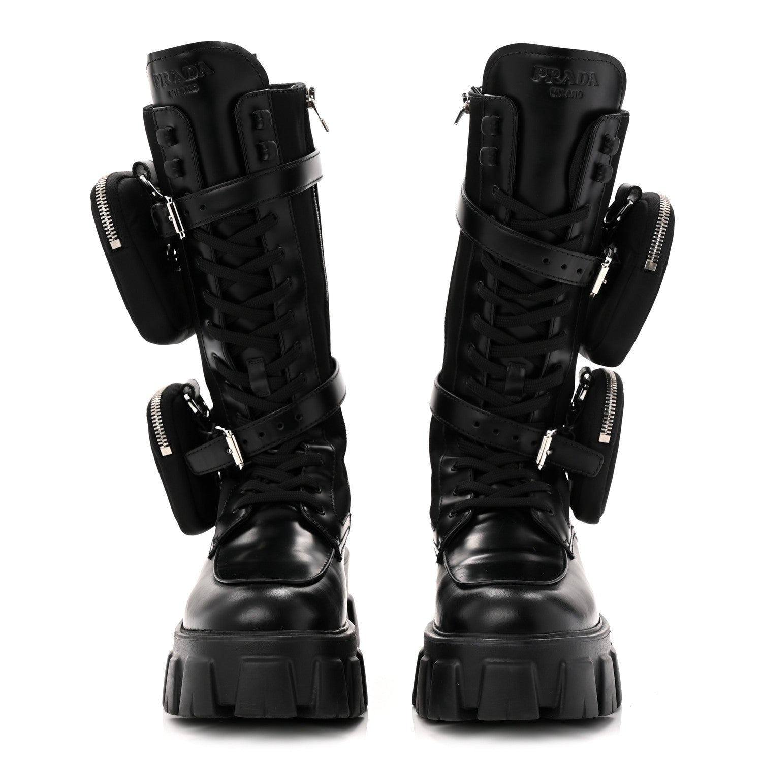 Prada Spazzolato Rois Re-Nylon Metal Triangle Logo Monolith Pouch Pocket 55mm Tall Combat Boots 39 Black 2 of 9
