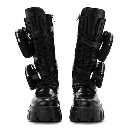 Prada Spazzolato Rois Re-Nylon Metal Triangle Logo Monolith Pouch Pocket 55mm Tall Combat Boots 39 Black 2 of 9