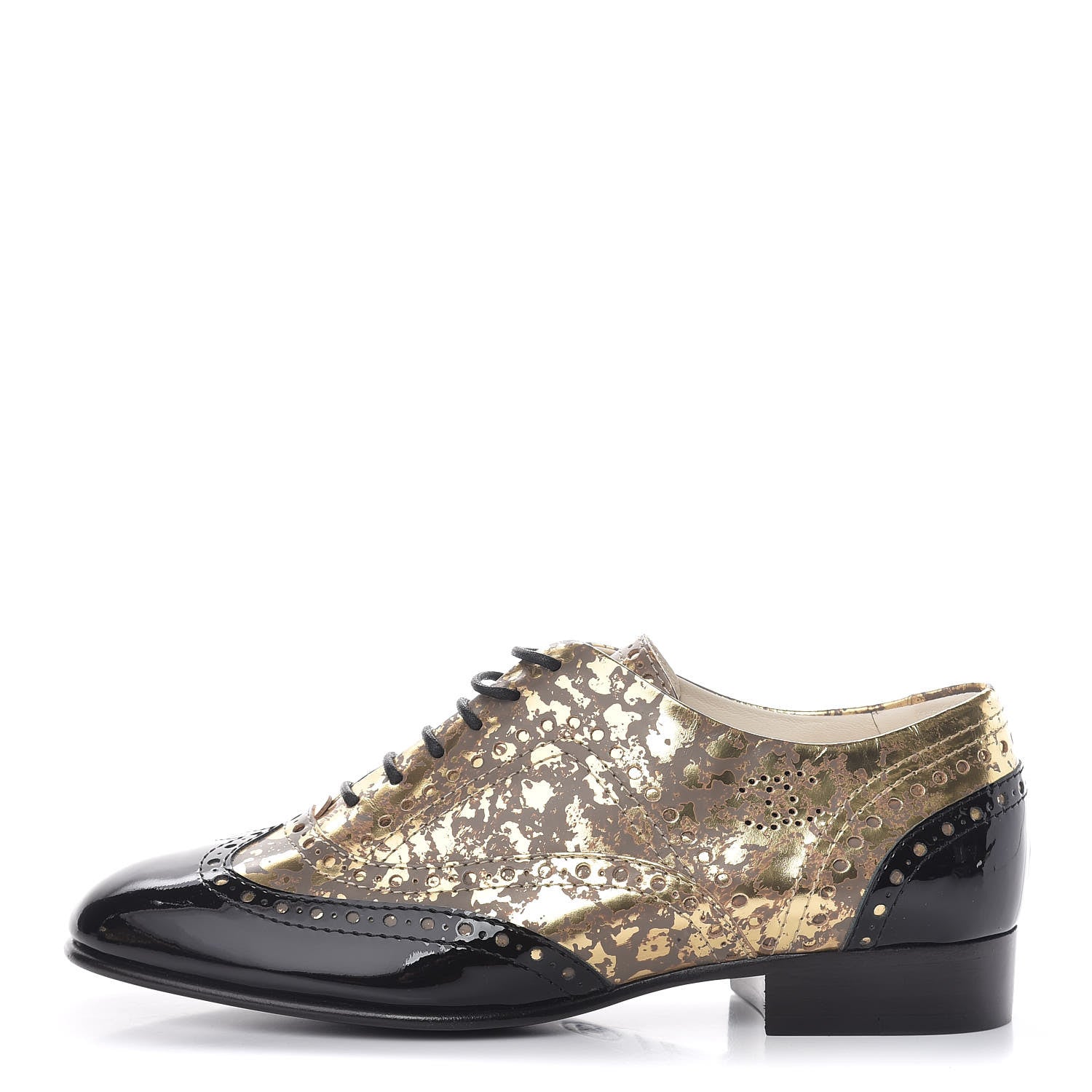 Chanel Patent Lace Up Oxfords 36.5 Gold Black 1 of 8