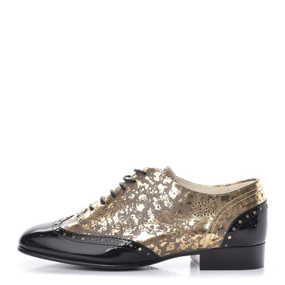 Chanel Patent Lace Up Oxfords 36.5 Gold Black 1 of 8