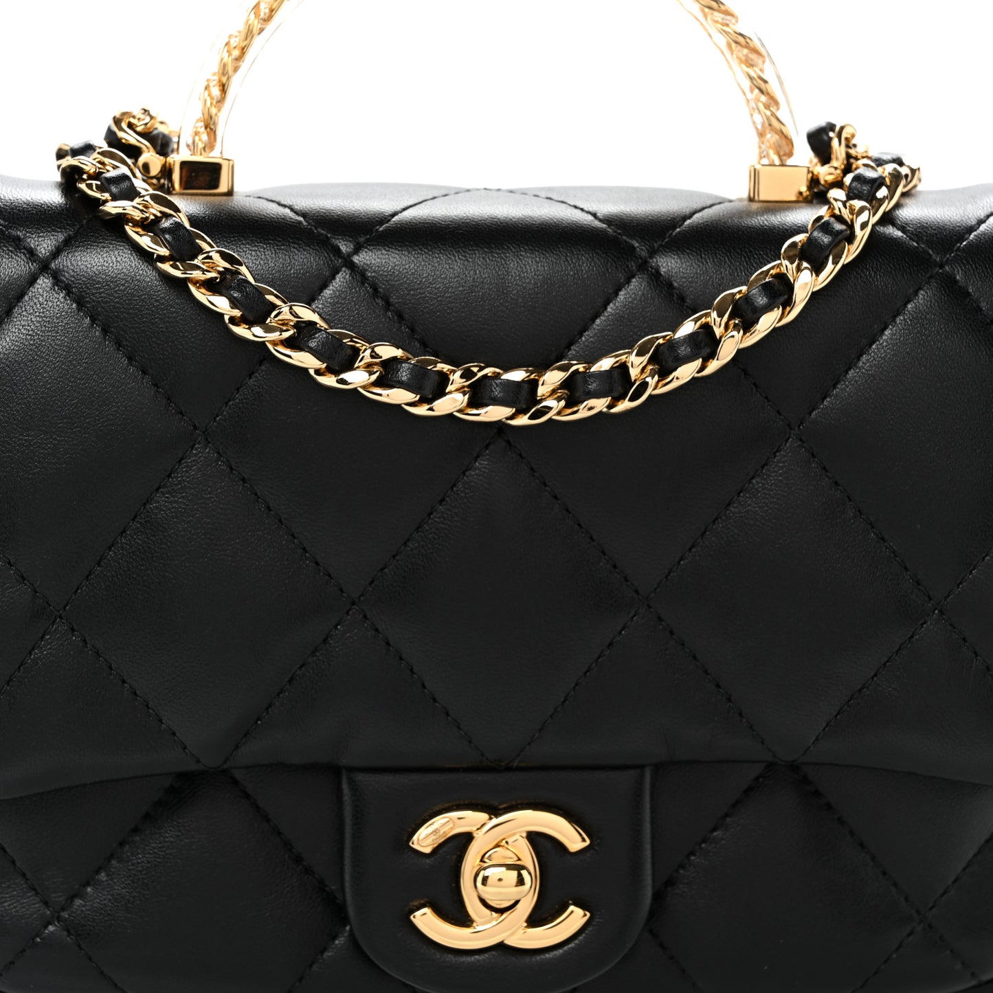 Lambskin Resin Quilted Top Handle Flap Black