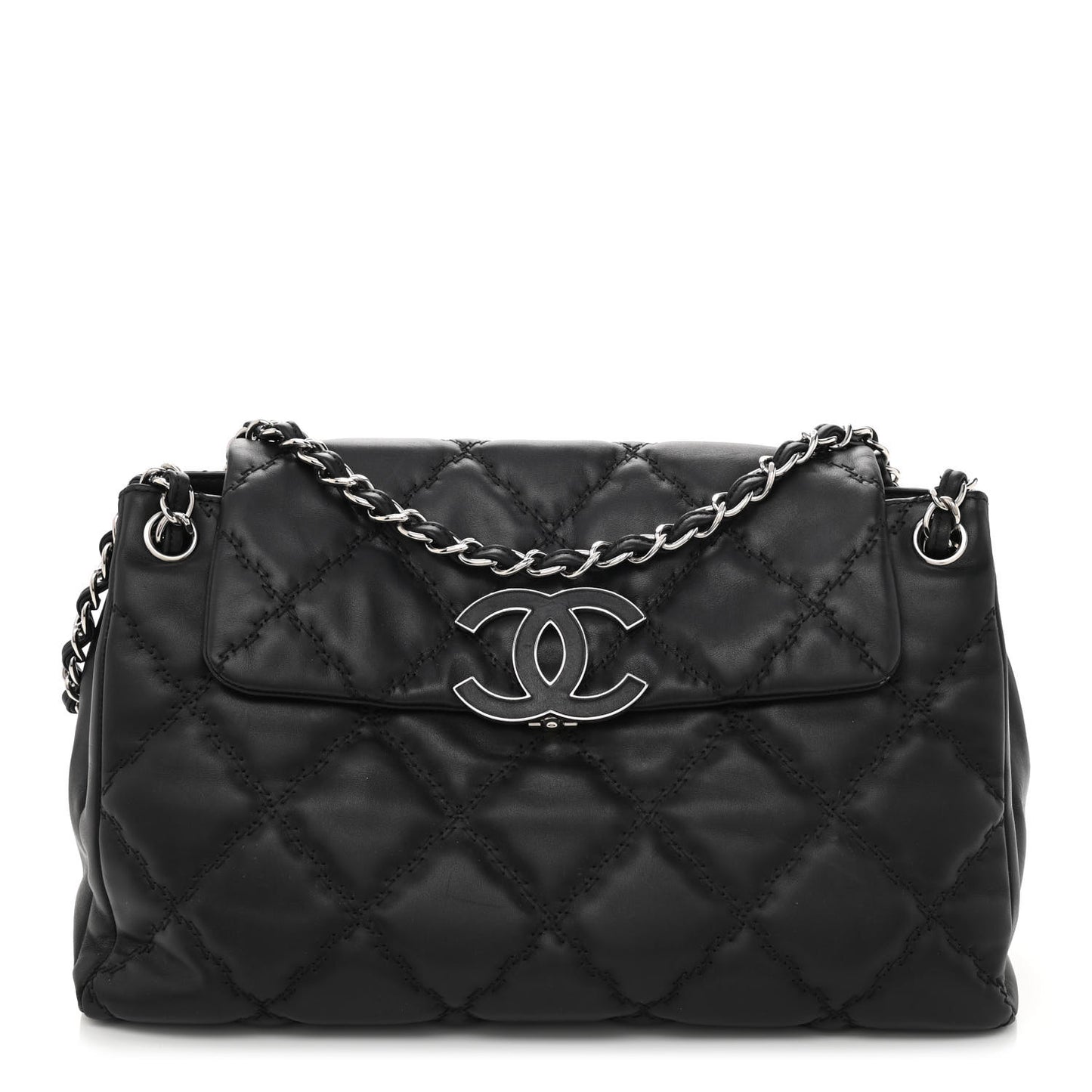Calfskin Double Stitch Large Hamptons Flap Bag Black
