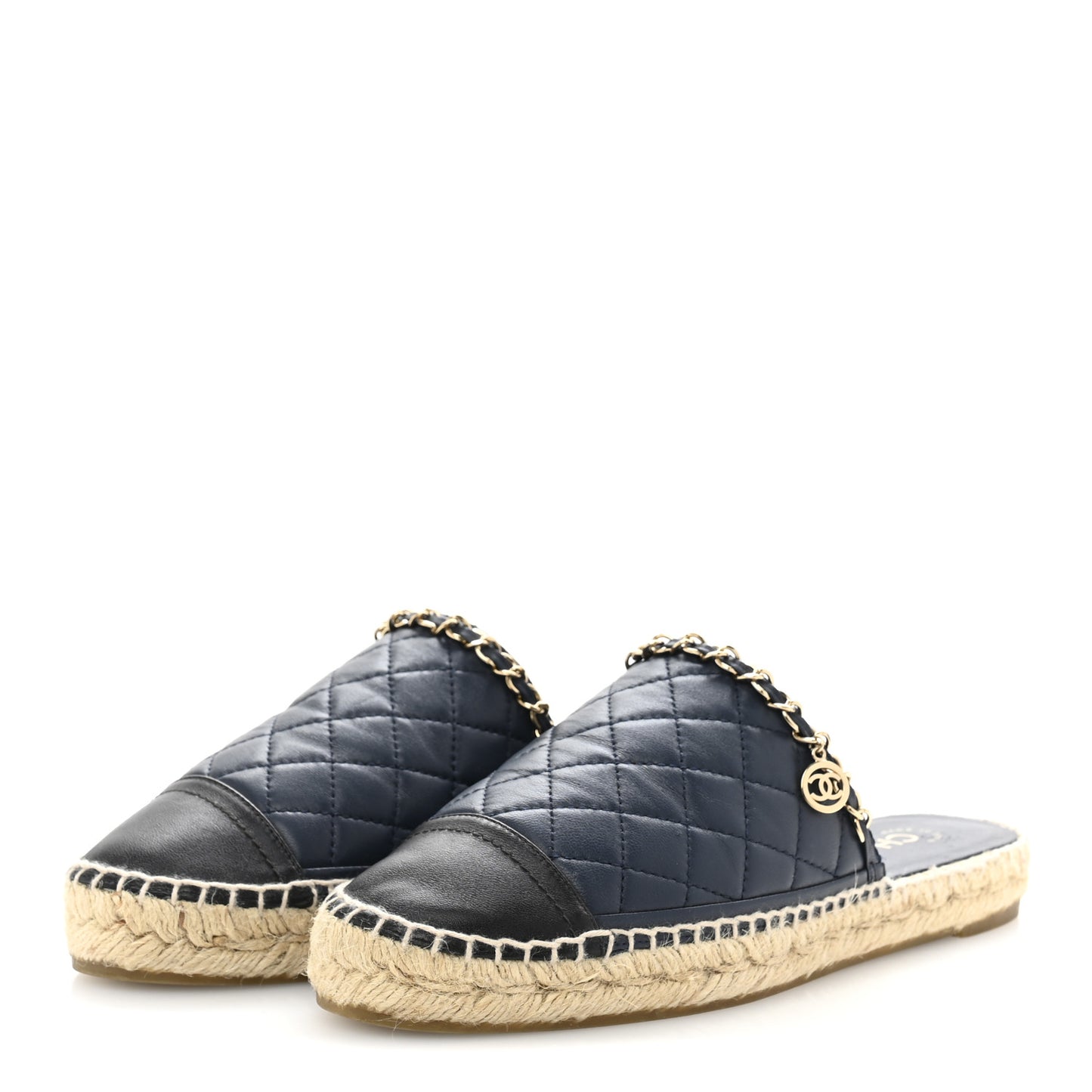Lambskin Quilted CC Chain Espadrille Mules 38 Navy Black