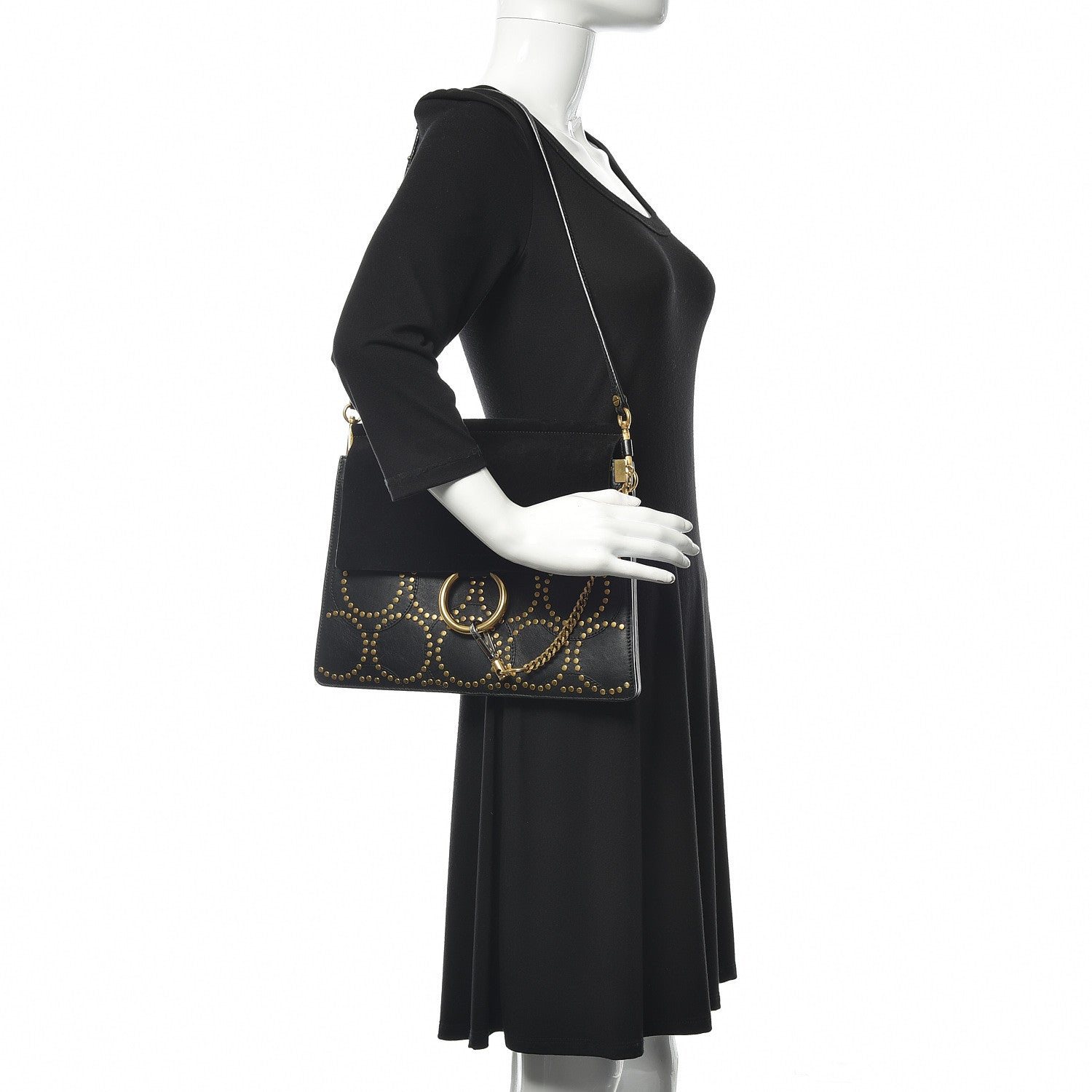 Chloe Calfskin Suede Studded Medium Faye Shoulder Bag Black 2 of 9