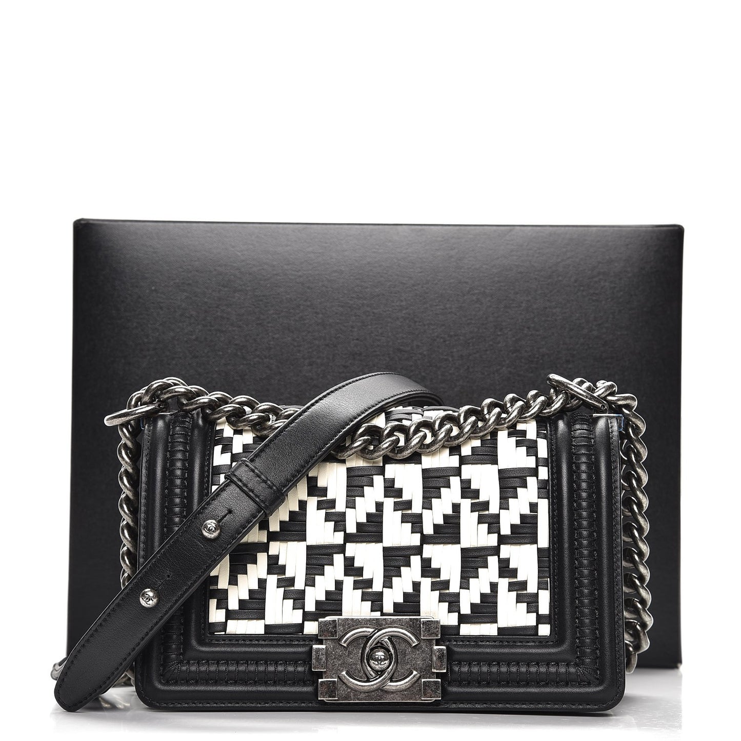 Calfskin Woven Small Boy Flap Black White