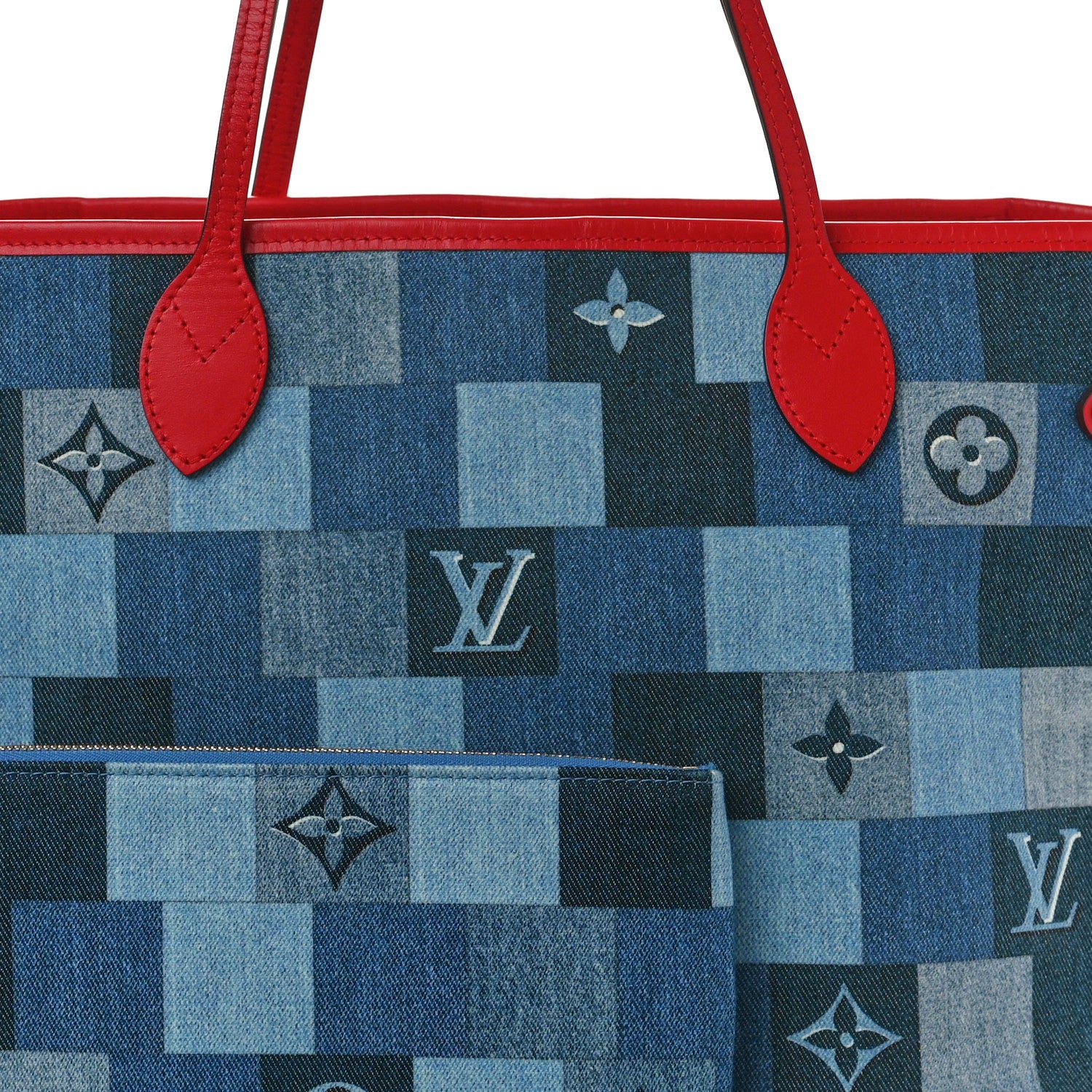 Louis Vuitton Denim Damier Monogram Patchwork Neverfull Blue Rouge 8 of 10
