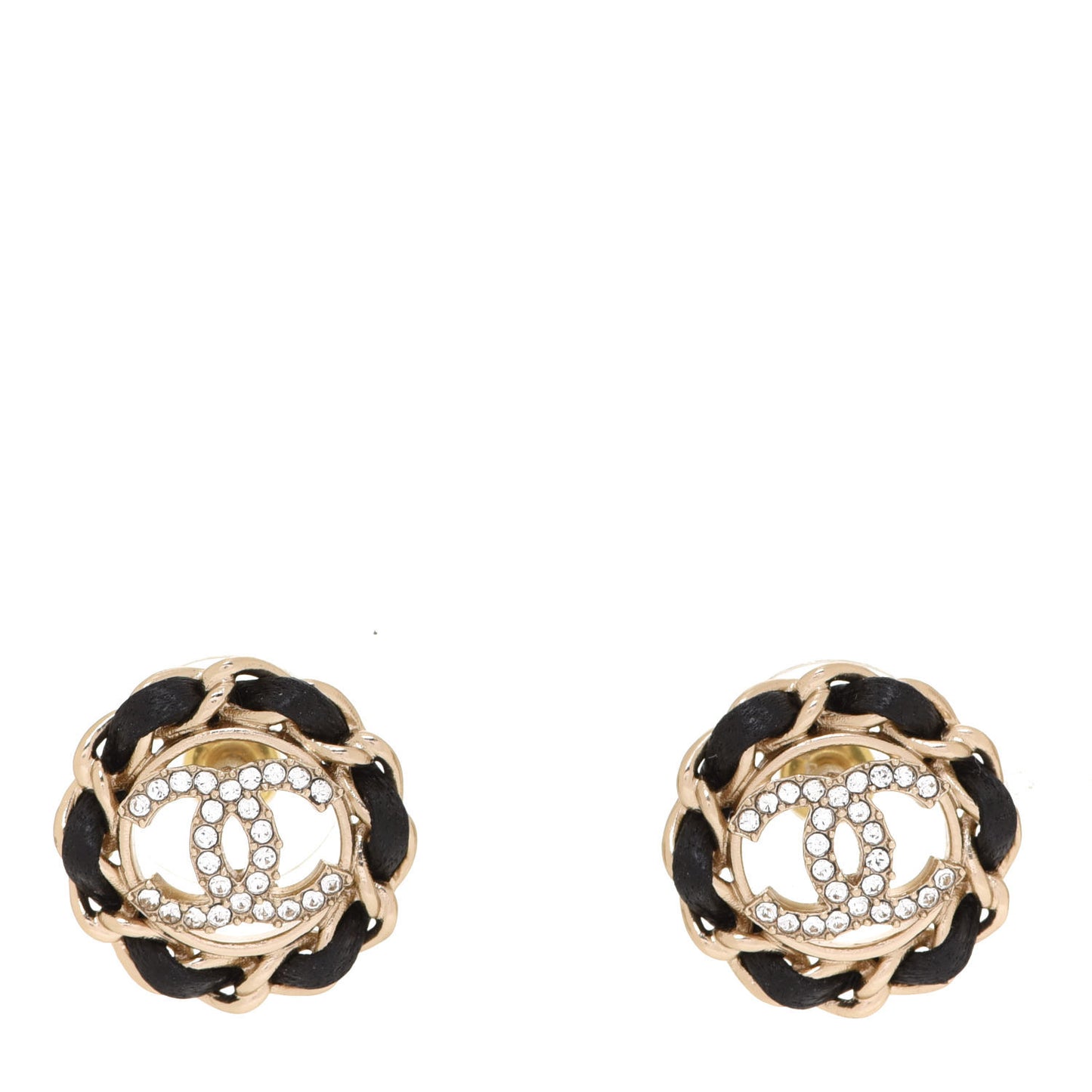 Crystal Lambskin Chain CC Stud Earrings Black Gold