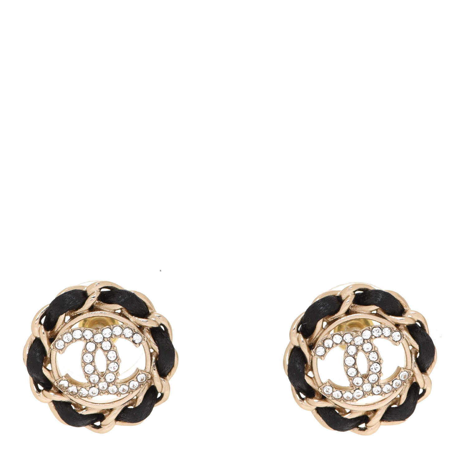Chanel Crystal Lambskin Chain CC Stud Earrings Black Gold 1 of 5