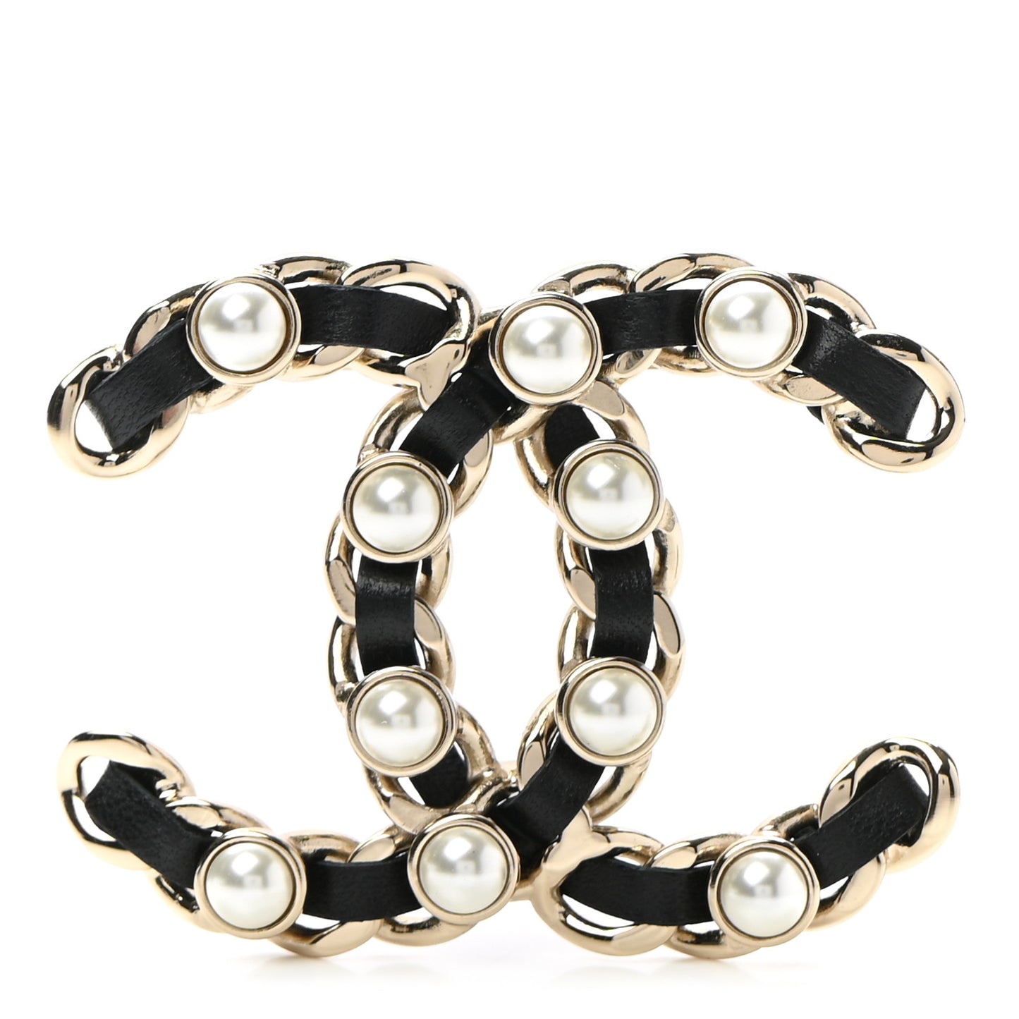 Lambskin Pearl CC Chain Brooch Black Gold