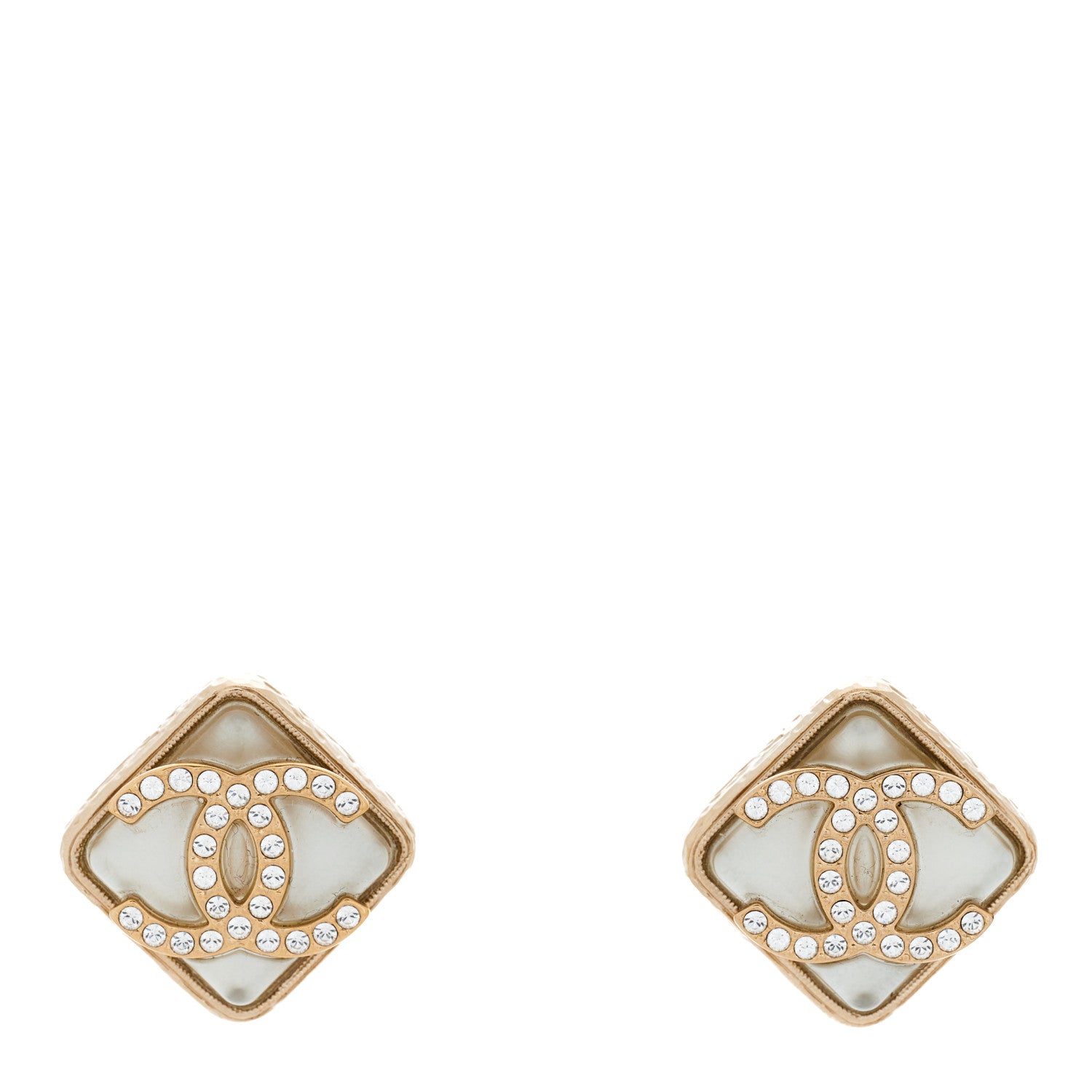 Chanel Pearl Crystal CC Square Earrings Gold 1 of 4