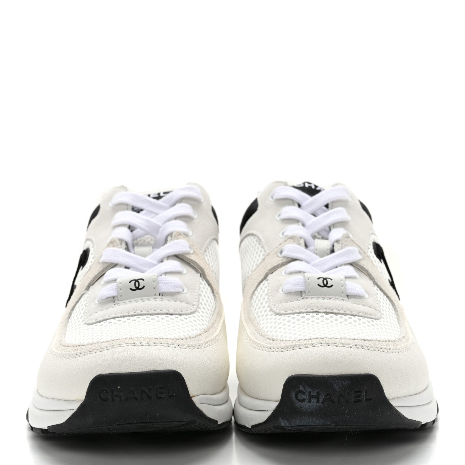 Chanel Mesh Suede Calfskin Grained Calfskin Womens CC Sneakers 38 White Black 2 of 12