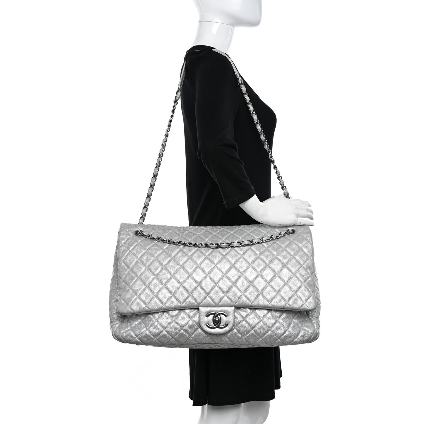 Metallic Calfskin Quilted XXL Travel Flap Bag Silver
