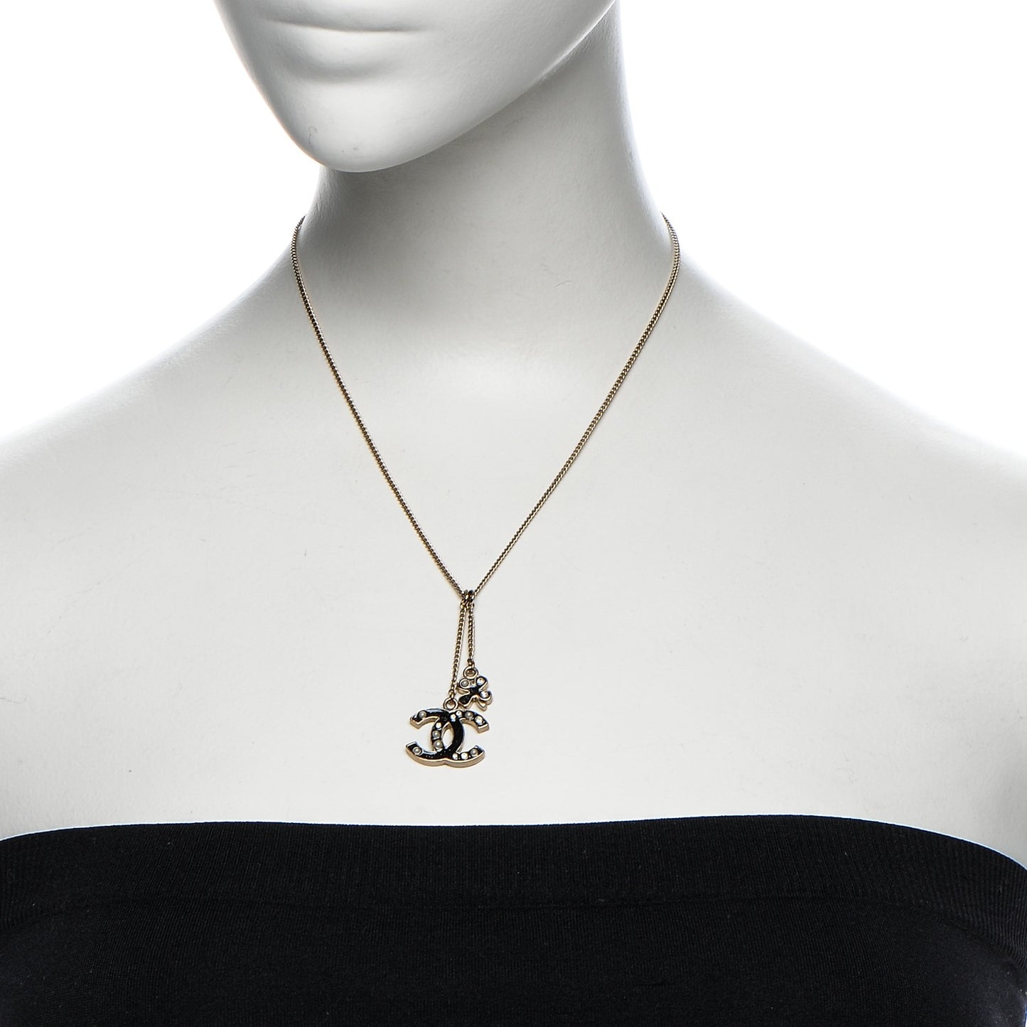 Enamel Pearl Crystal CC Clover Charm Necklace Black Gold